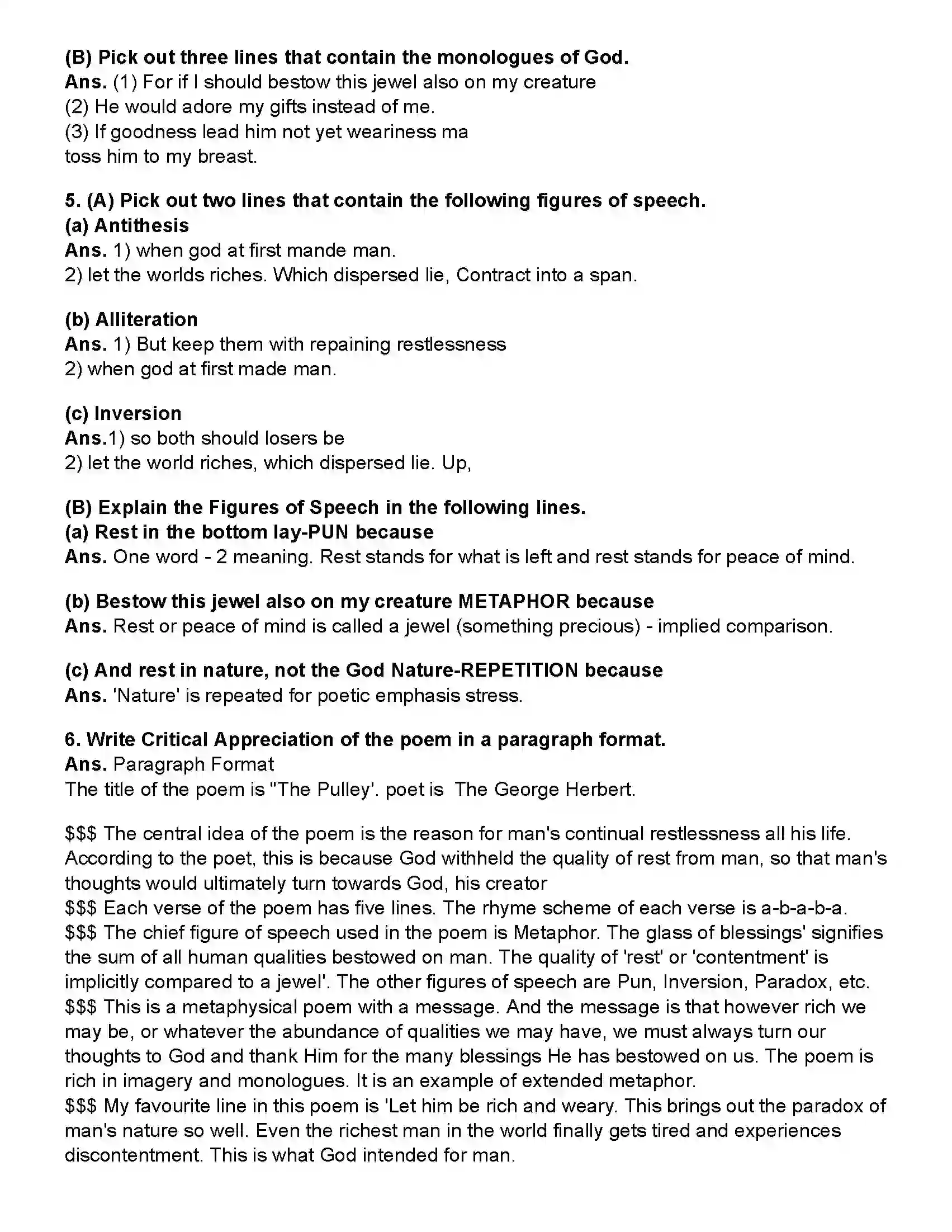 Maharashtra Board Class 10th English (Chapters Notes) The Pulley. Revision Note 4