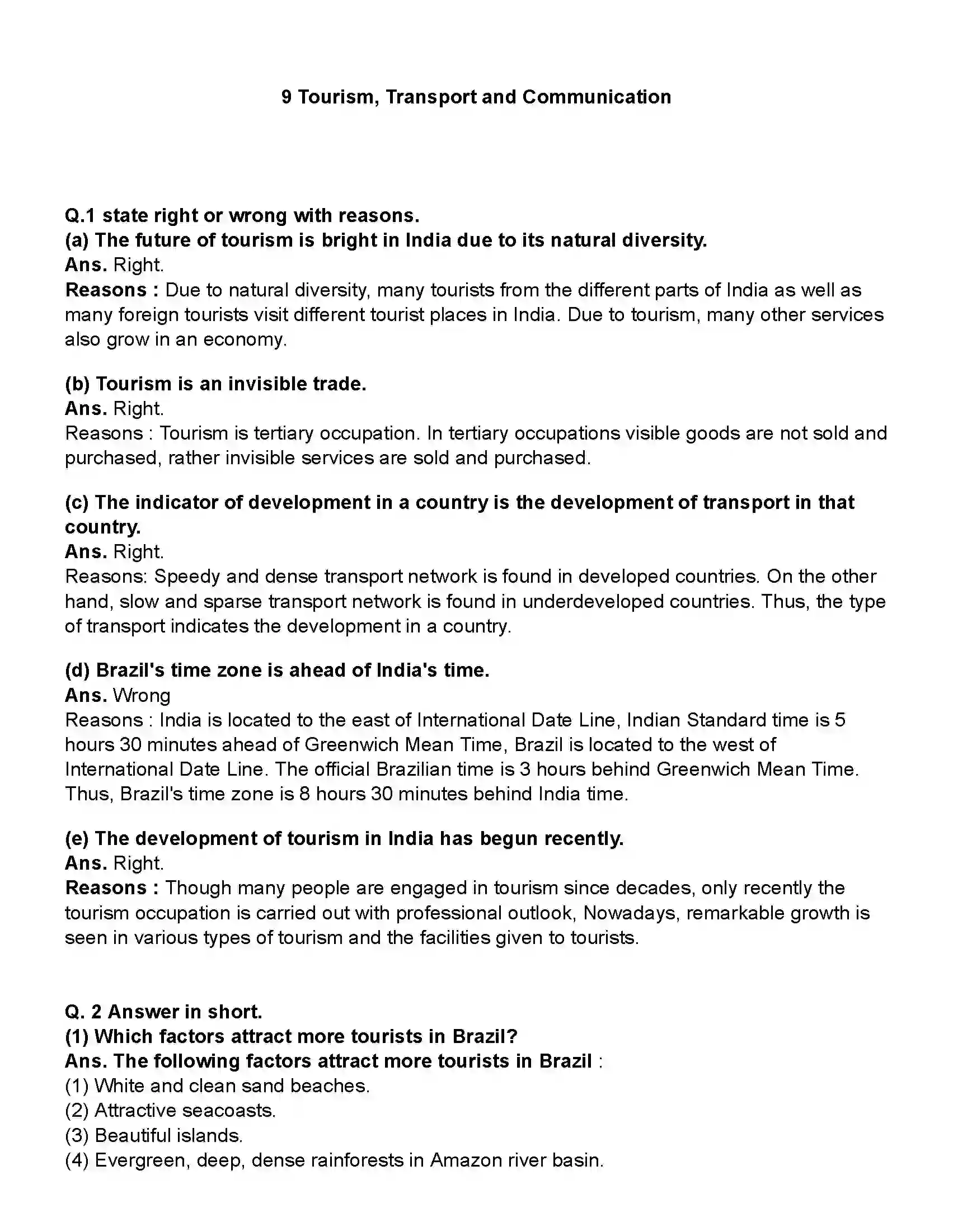 Maharashtra Board Class 10th Geography Tourism, Transport and Communication Revision Note 1