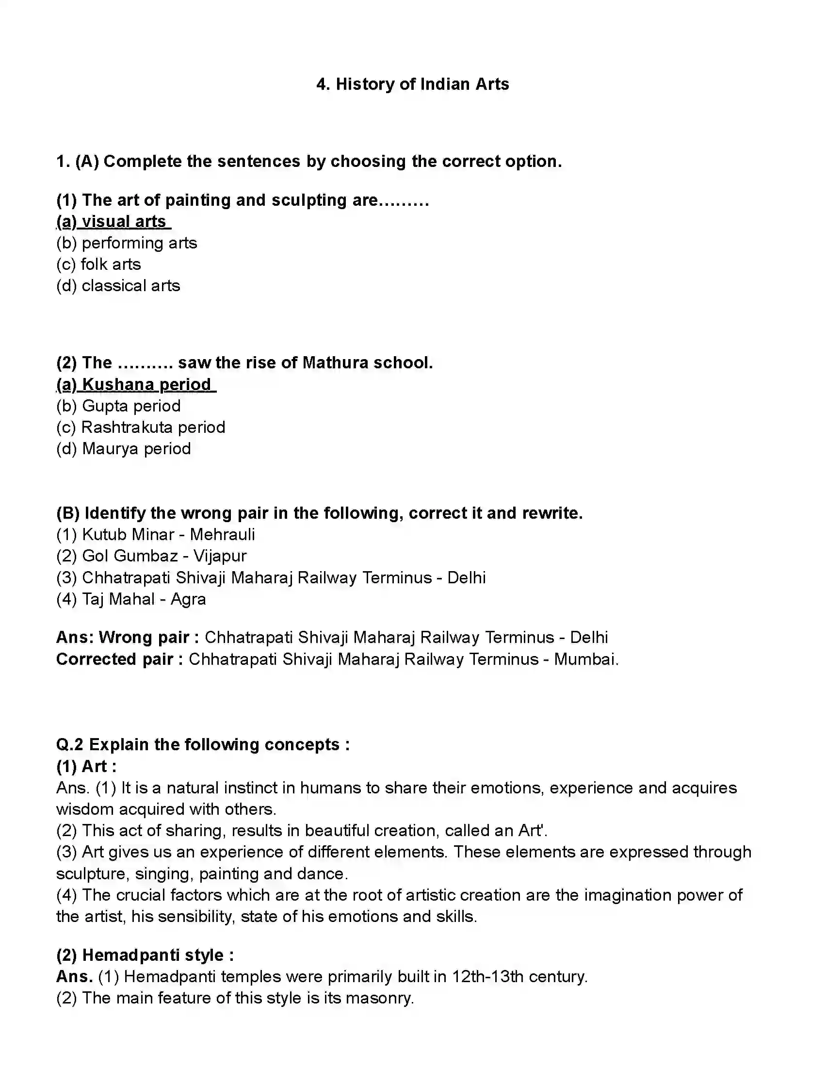 Maharashtra Board Class 10th History History of Indian Arts Revision Note 1