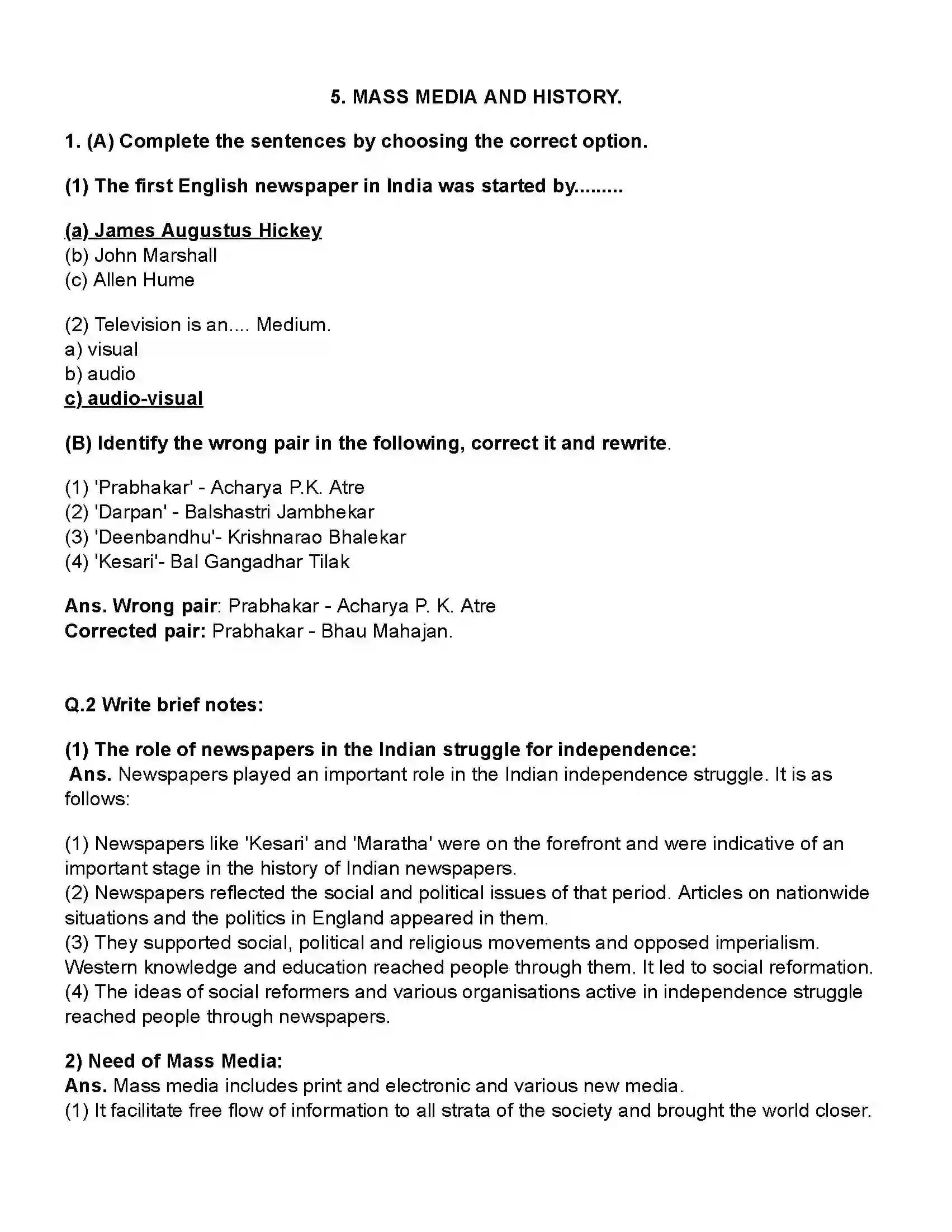 Maharashtra Board Class 10th History Mass Media and History Revision Note 1
