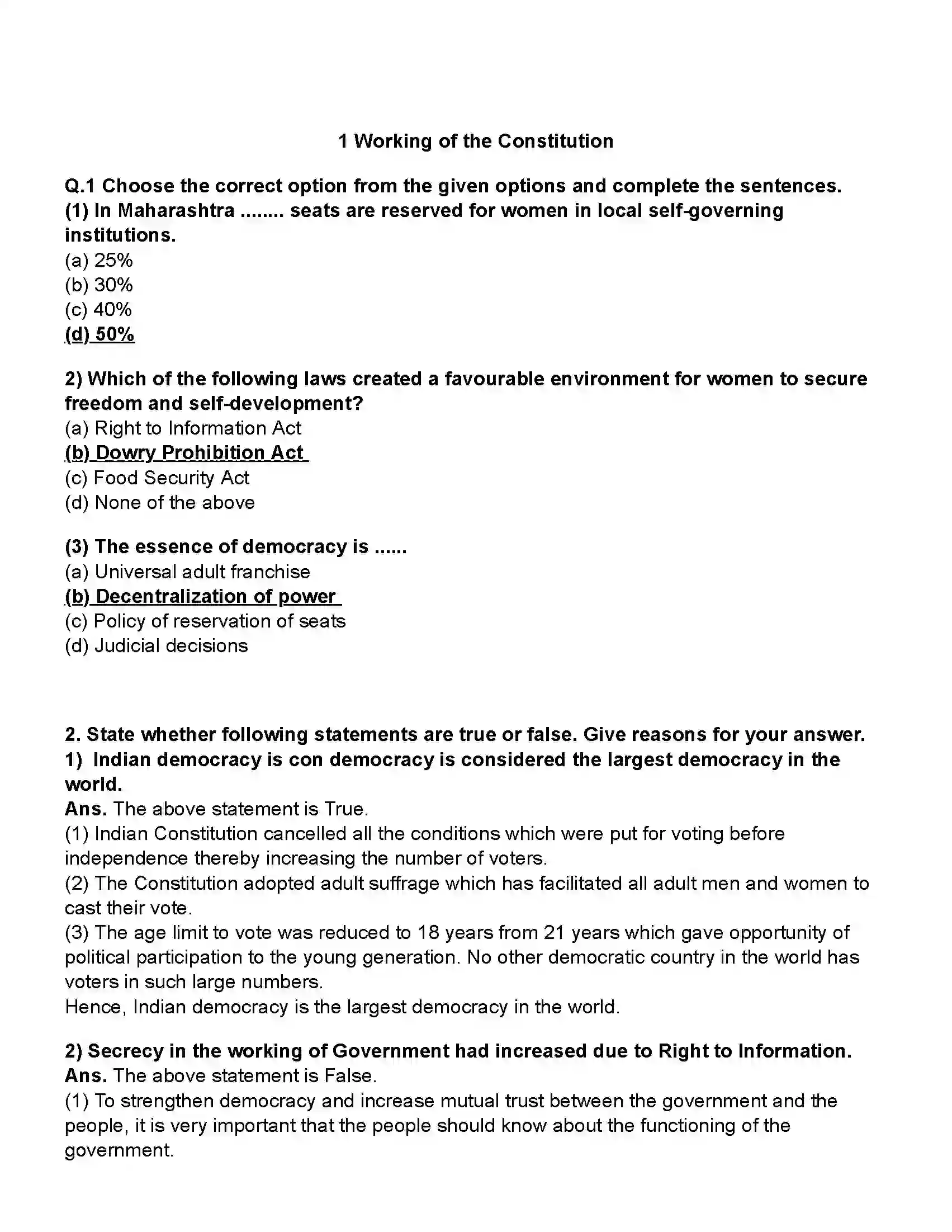 Maharashtra Board Class 10th Political Science Working of the Constitution Revision Note 1
