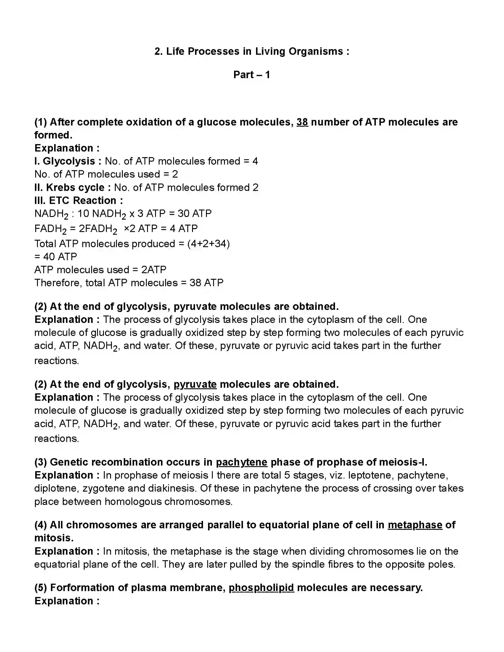 Maharashtra Board Class 10th Science Part - 2 Life Processes in living organisms Part -1 Revision Note 1