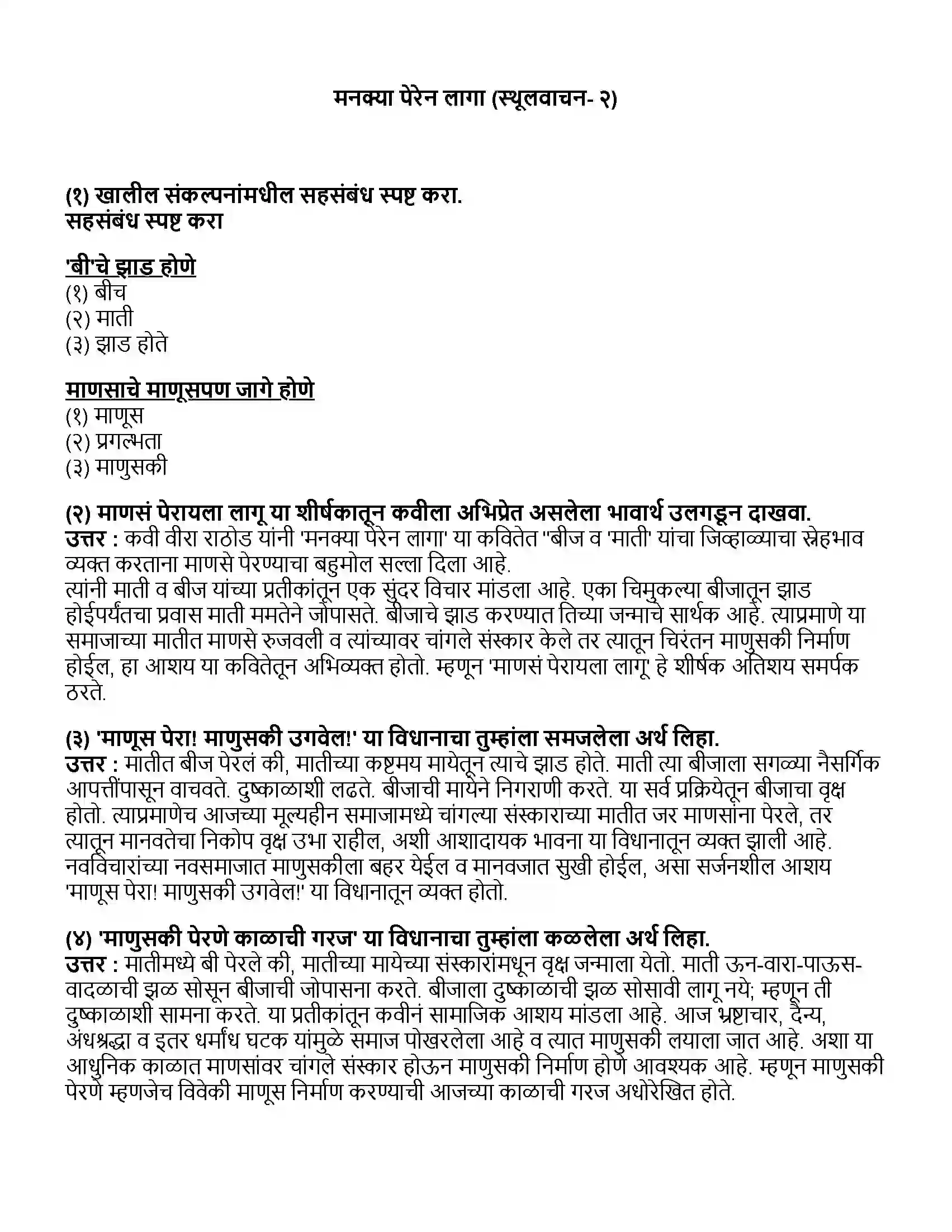 Maharashtra Board Class 10th मराठी भाग - २ मनक्या पेरेन लागा (स्थूलवाचन) - वीरा राठोड Revision Note 1