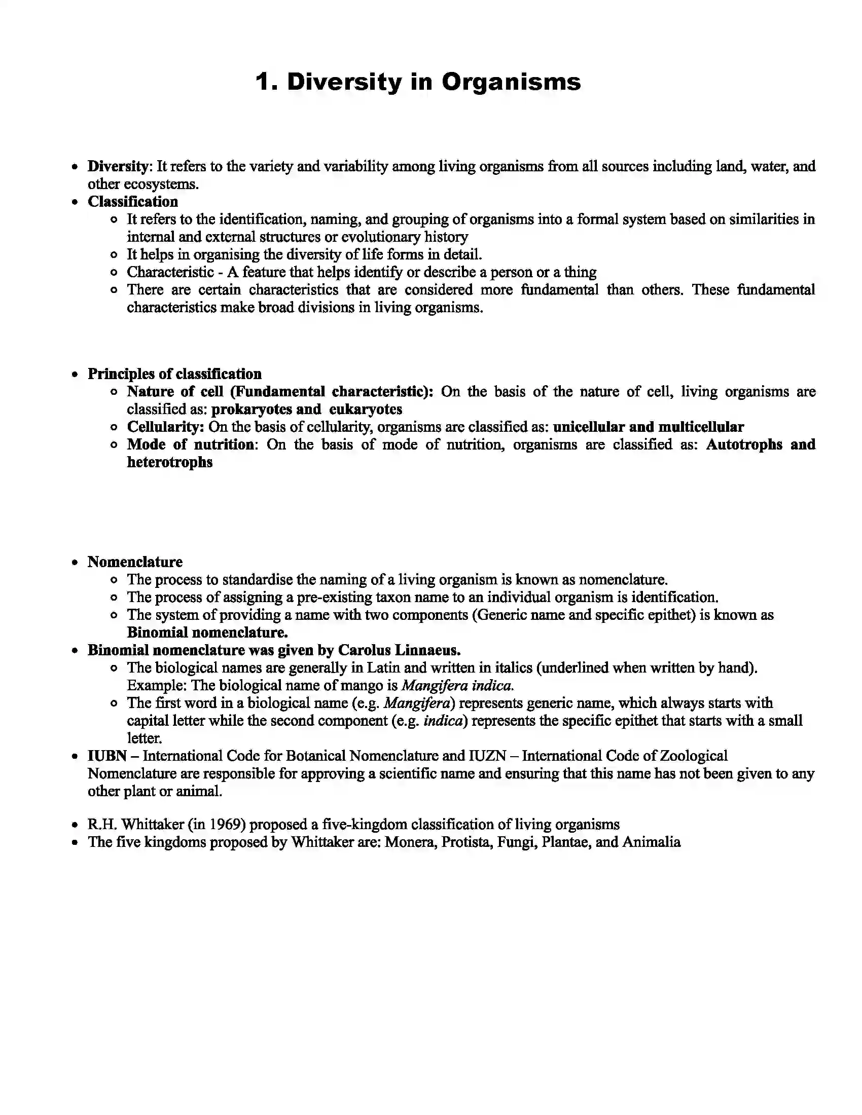 Maharashtra Board Class 11th Biology Diversity in Organisms Revision Note 1
