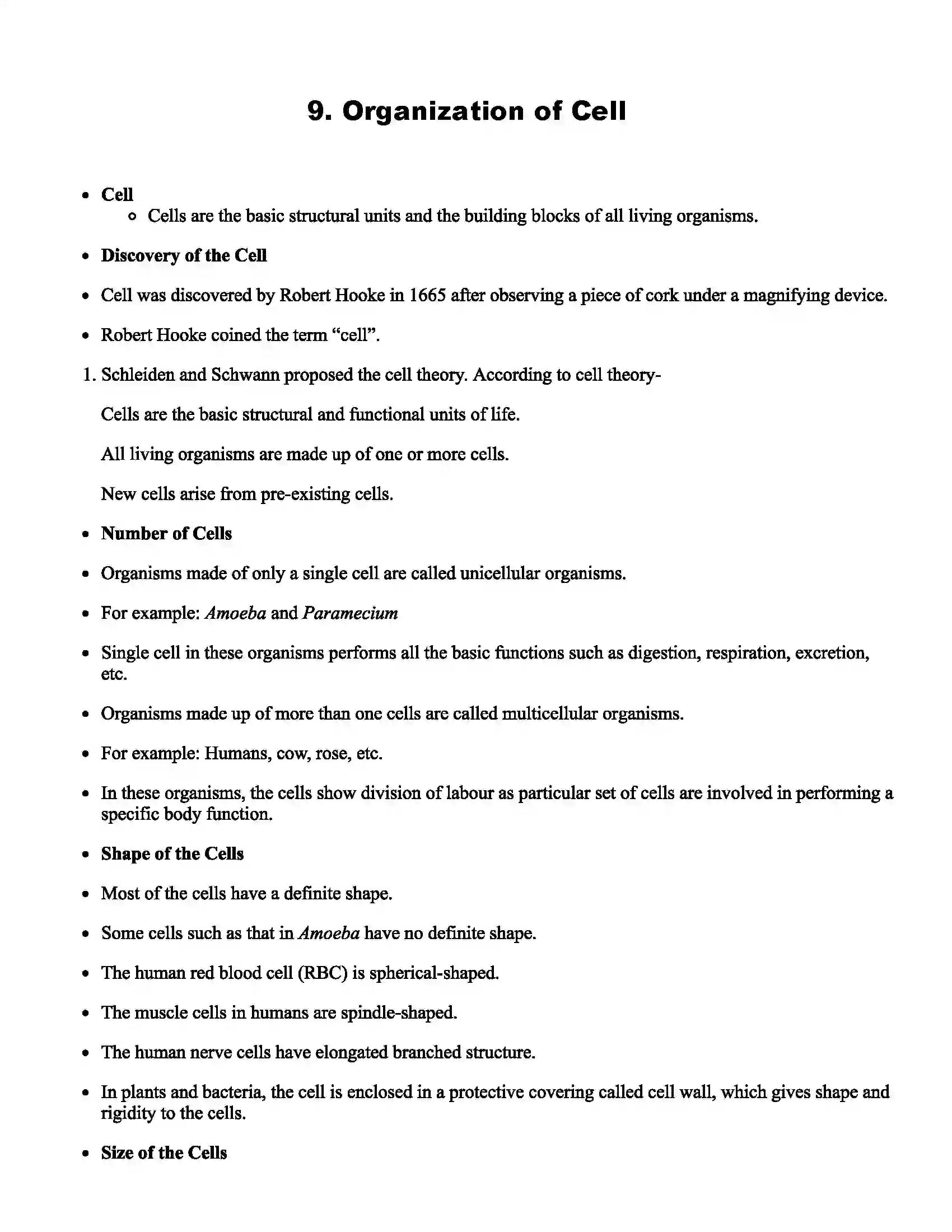 Maharashtra Board Class 11th Biology Organization of Cell Revision Note 1