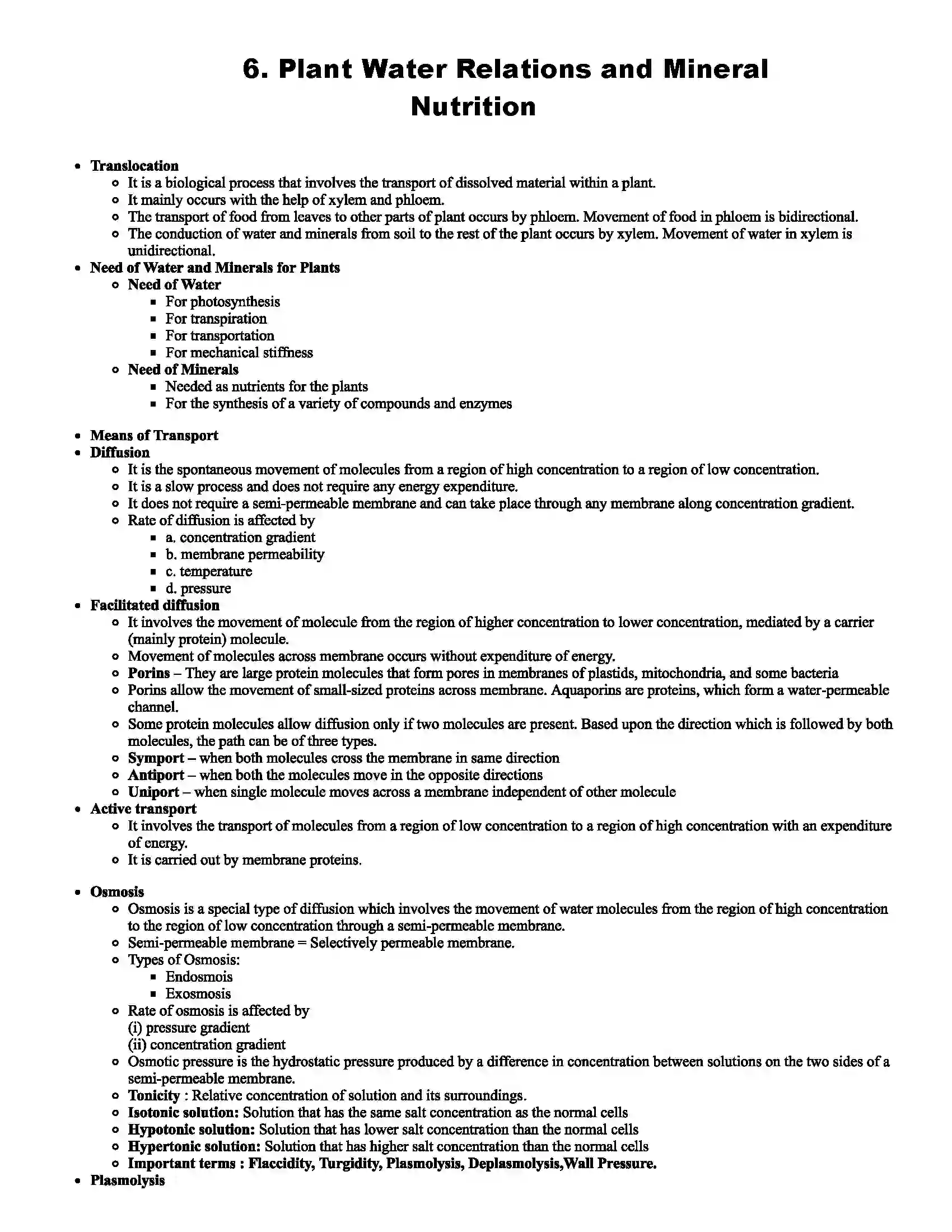 Maharashtra Board Class 11th Biology Plant Water Relations and Mineral Nutrition Revision Note 1