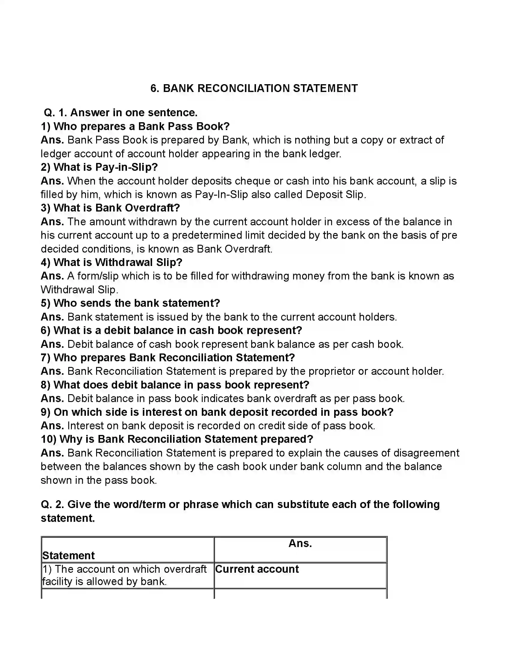 Maharashtra Board Class 11th Book-Keeping & Accountancy Bank Reconciliation Statement Revision Note 1