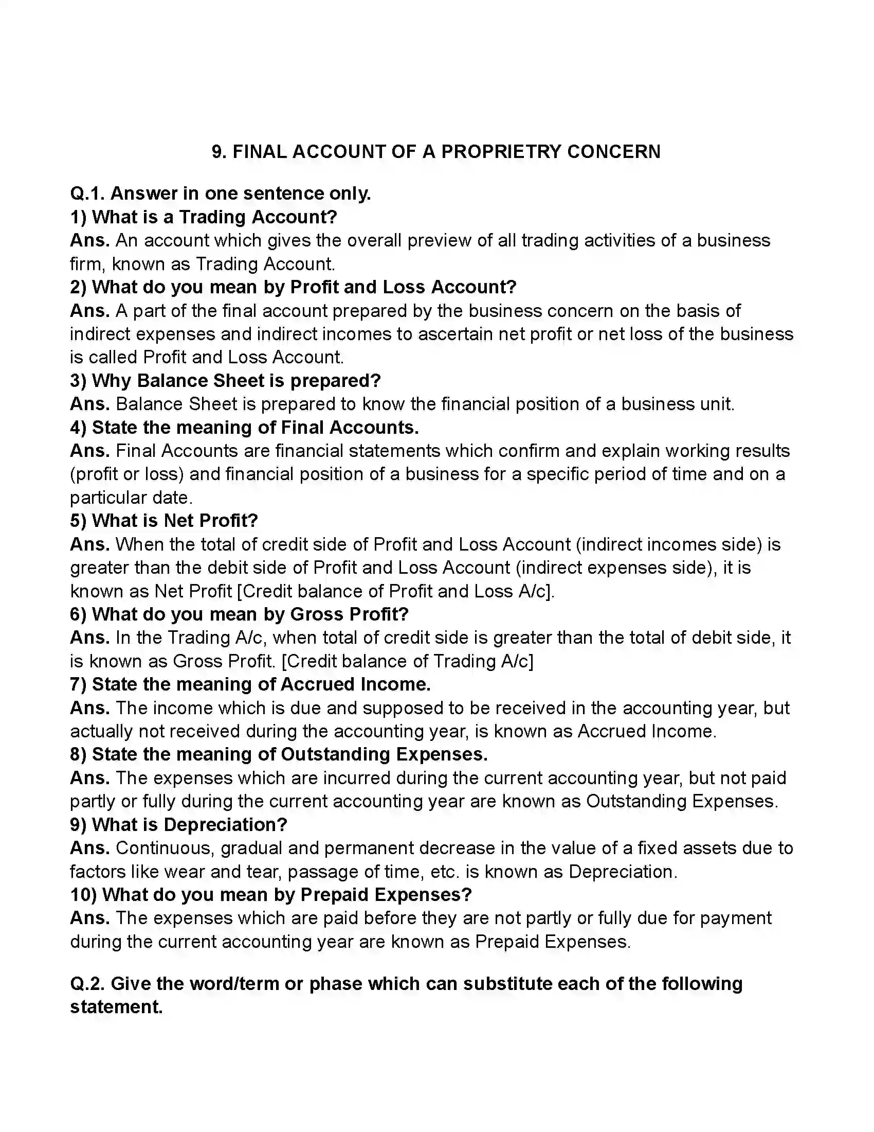 Maharashtra Board Class 11th Book-Keeping & Accountancy Final Account of a Proprietry Concern Revision Note 1