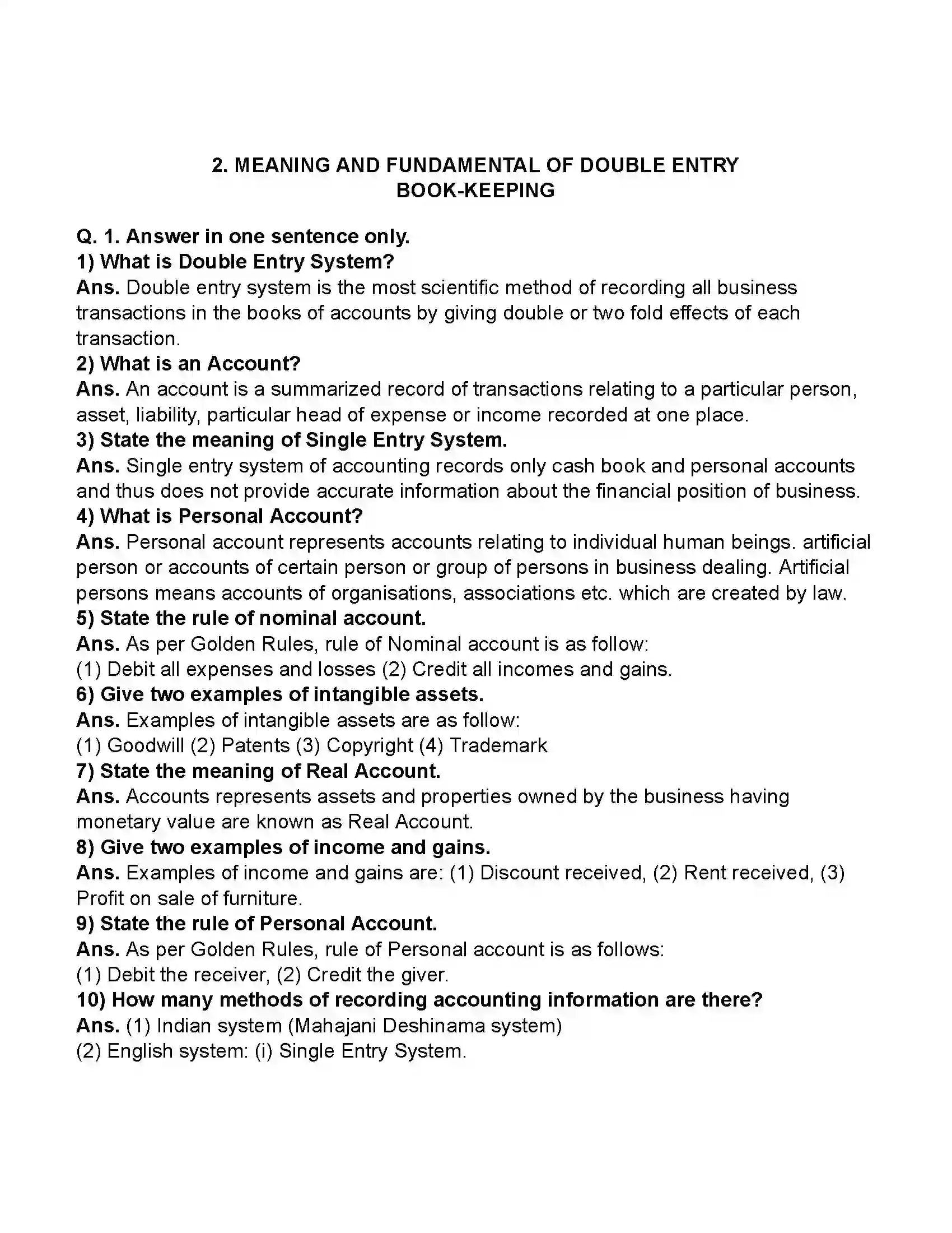 Maharashtra Board Class 11th Book-Keeping & Accountancy Meaning and Fundamental of Double Entry Book-keeping Revision Note 1