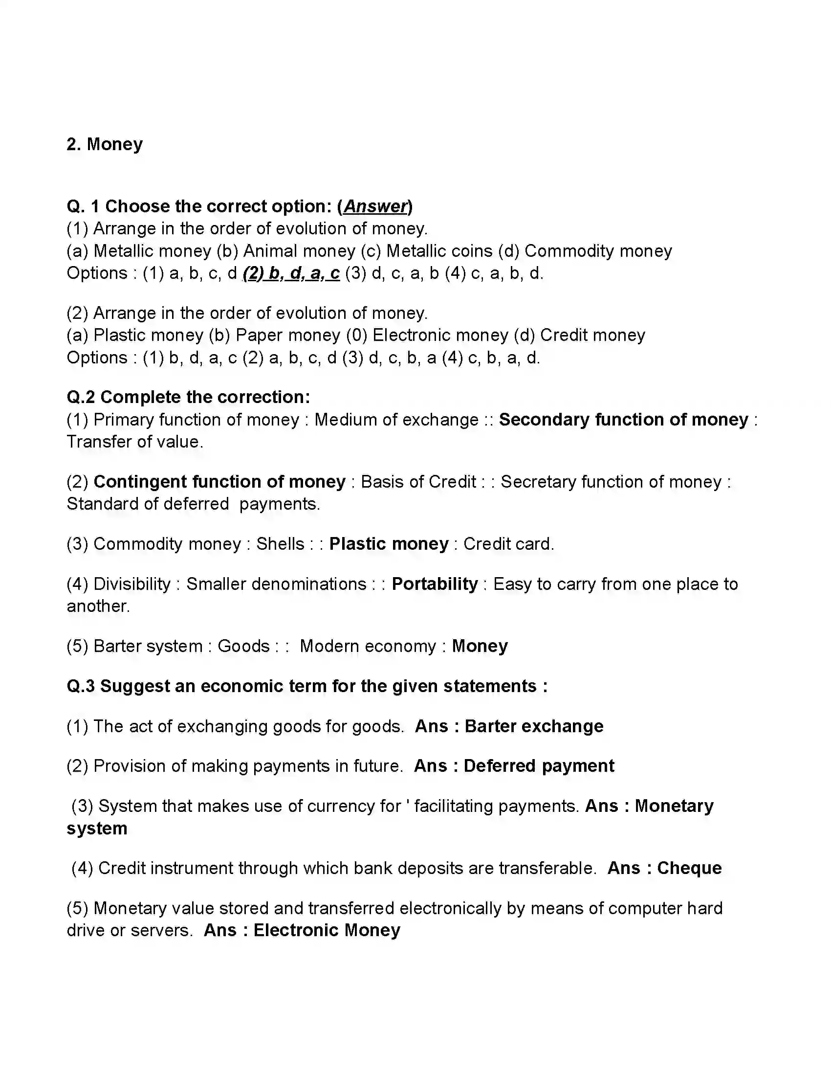 Maharashtra Board Class 11th Economics Money Revision Note 1