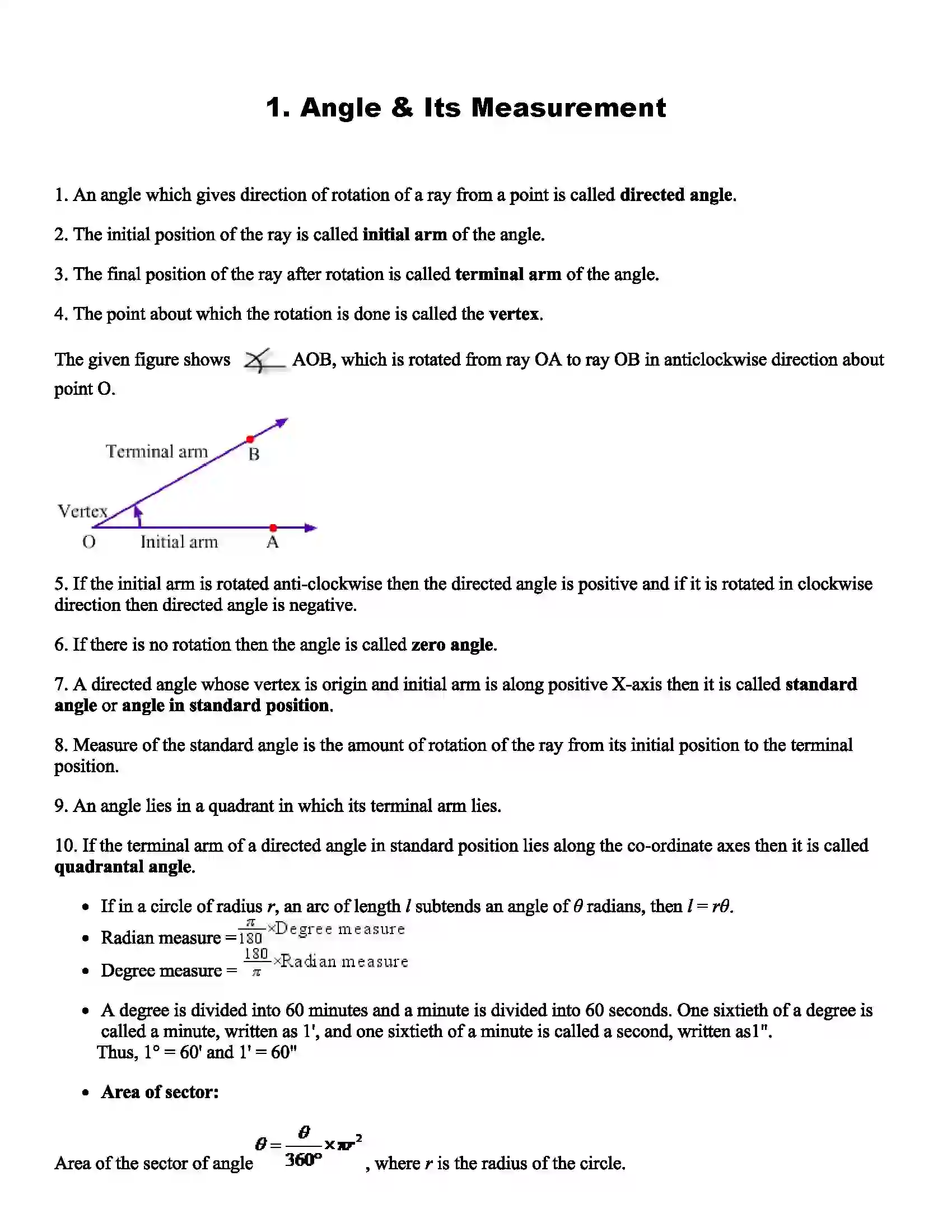 Maharashtra Board Class 11th Mathematics Part - I Angle & Its Measurement Revision Note 1