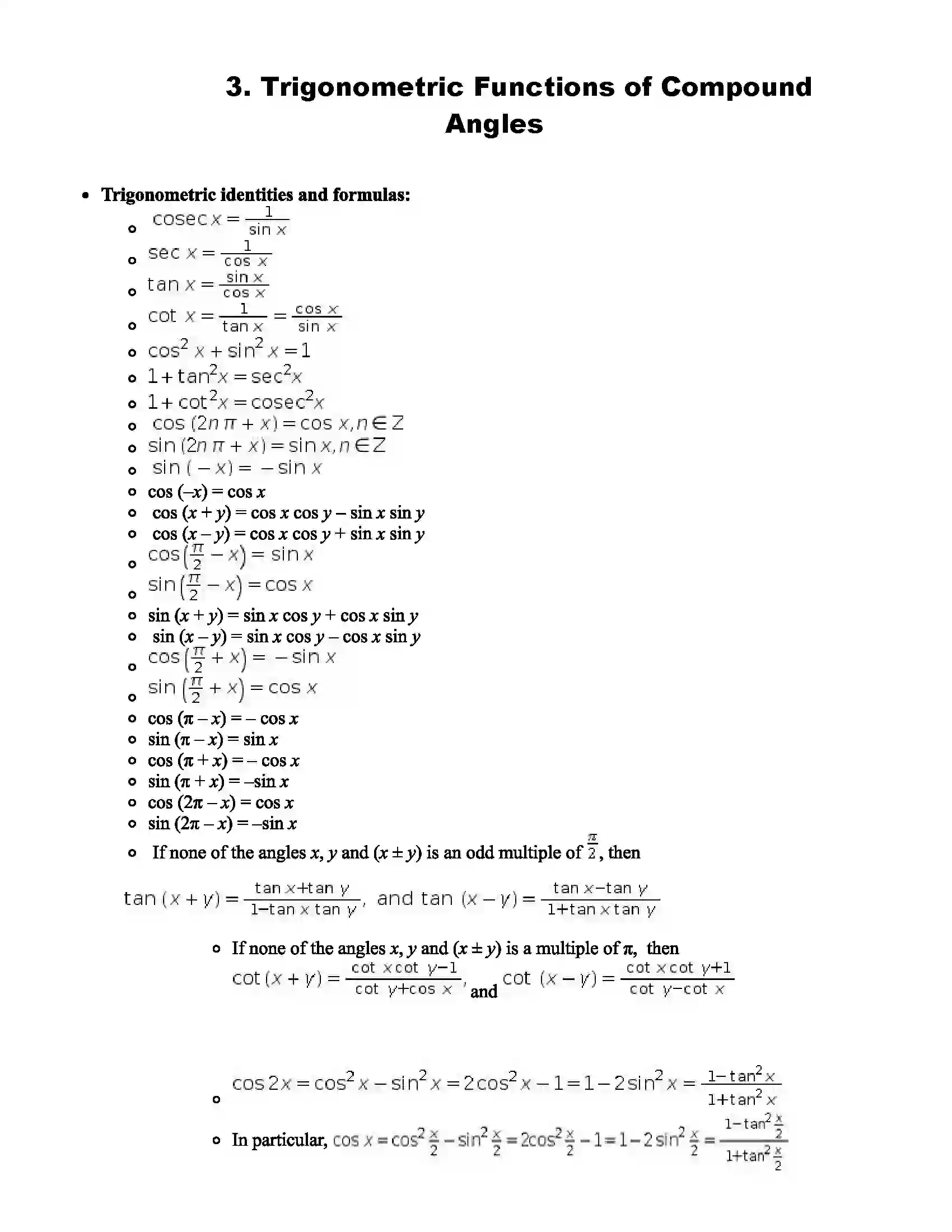 Maharashtra Board Class 11th Mathematics Part - I Trigonometric Functions of Compound Angles Revision Note 1