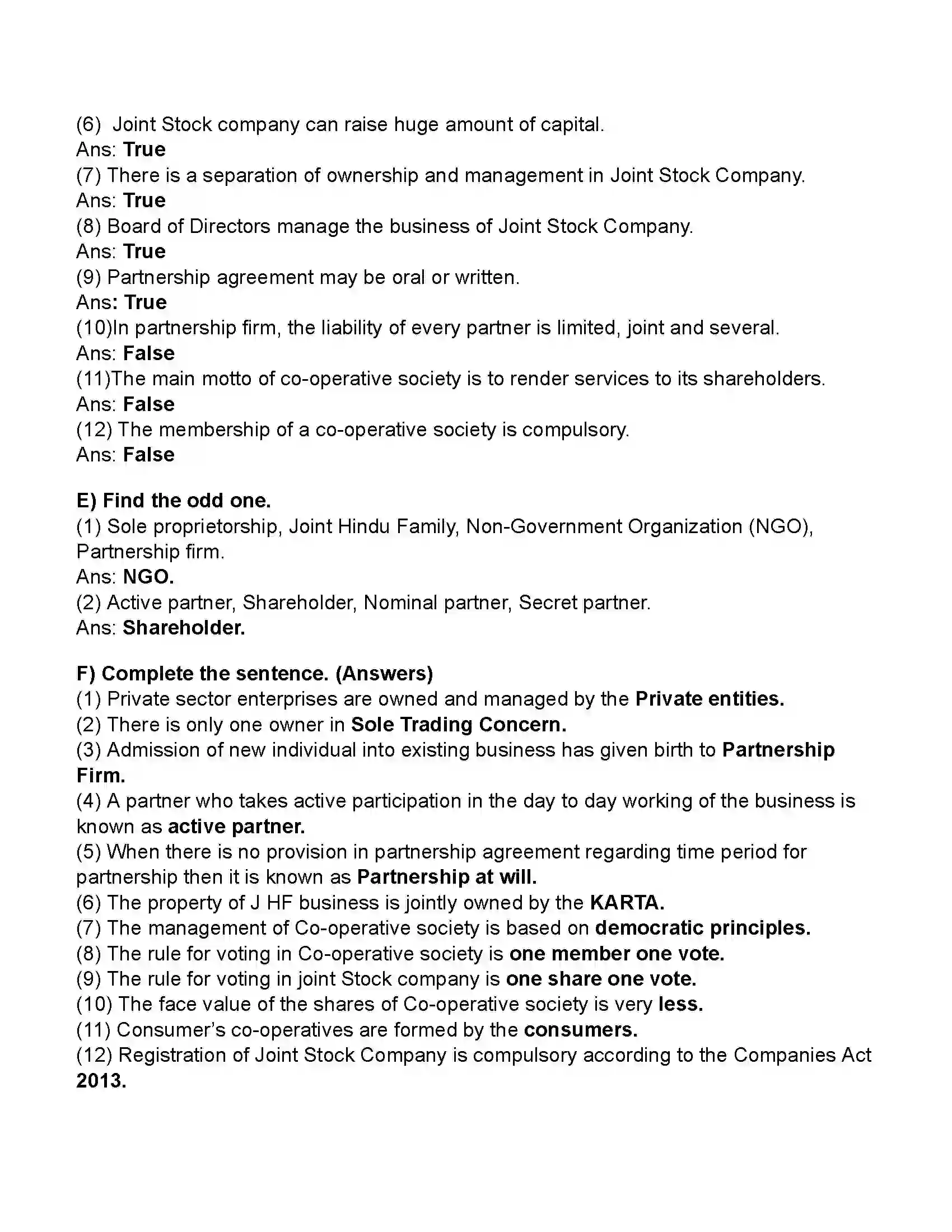 Maharashtra Board Class 11th Organisation of Commerce & Management Forms of Business Organisation – I Revision Note 3