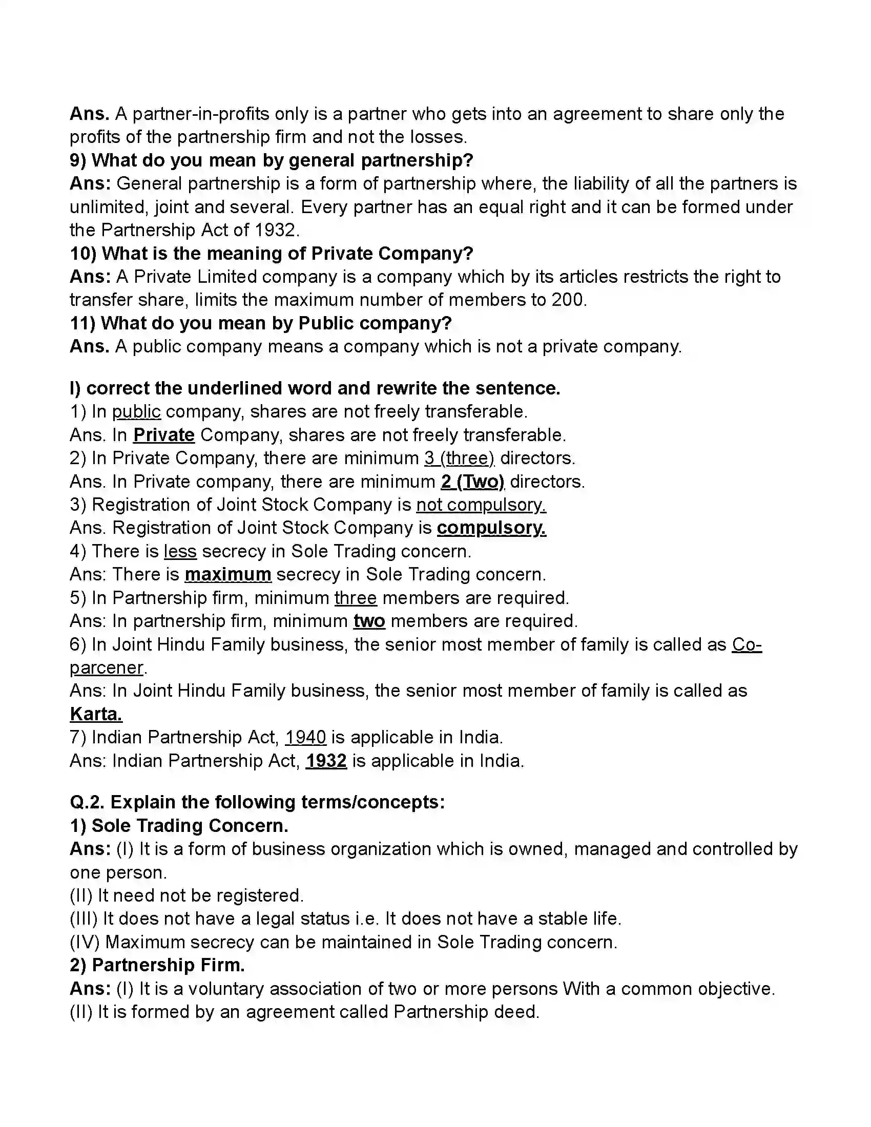 Maharashtra Board Class 11th Organisation of Commerce & Management Forms of Business Organisation – I Revision Note 5