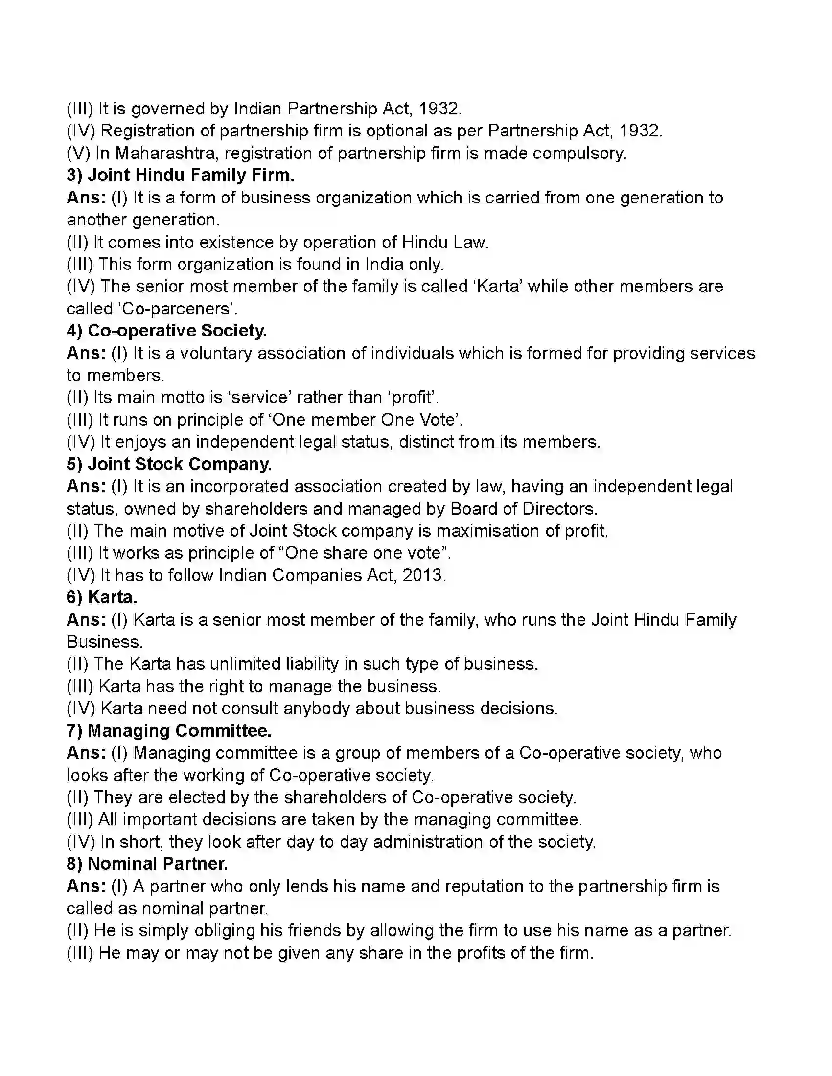 Maharashtra Board Class 11th Organisation of Commerce & Management Forms of Business Organisation – I Revision Note 6