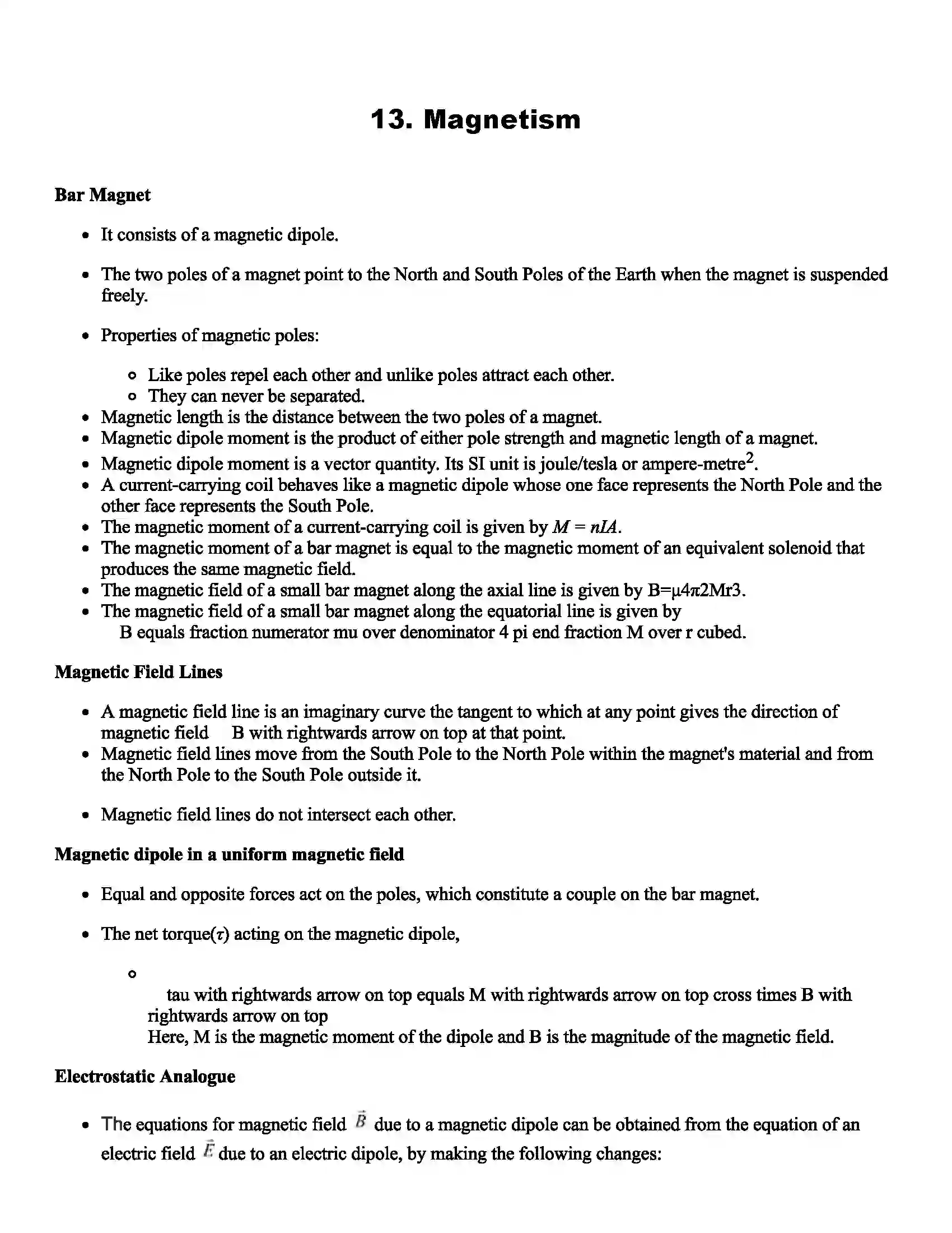Maharashtra Board Class 11th Physics Magnetism Revision Note 1