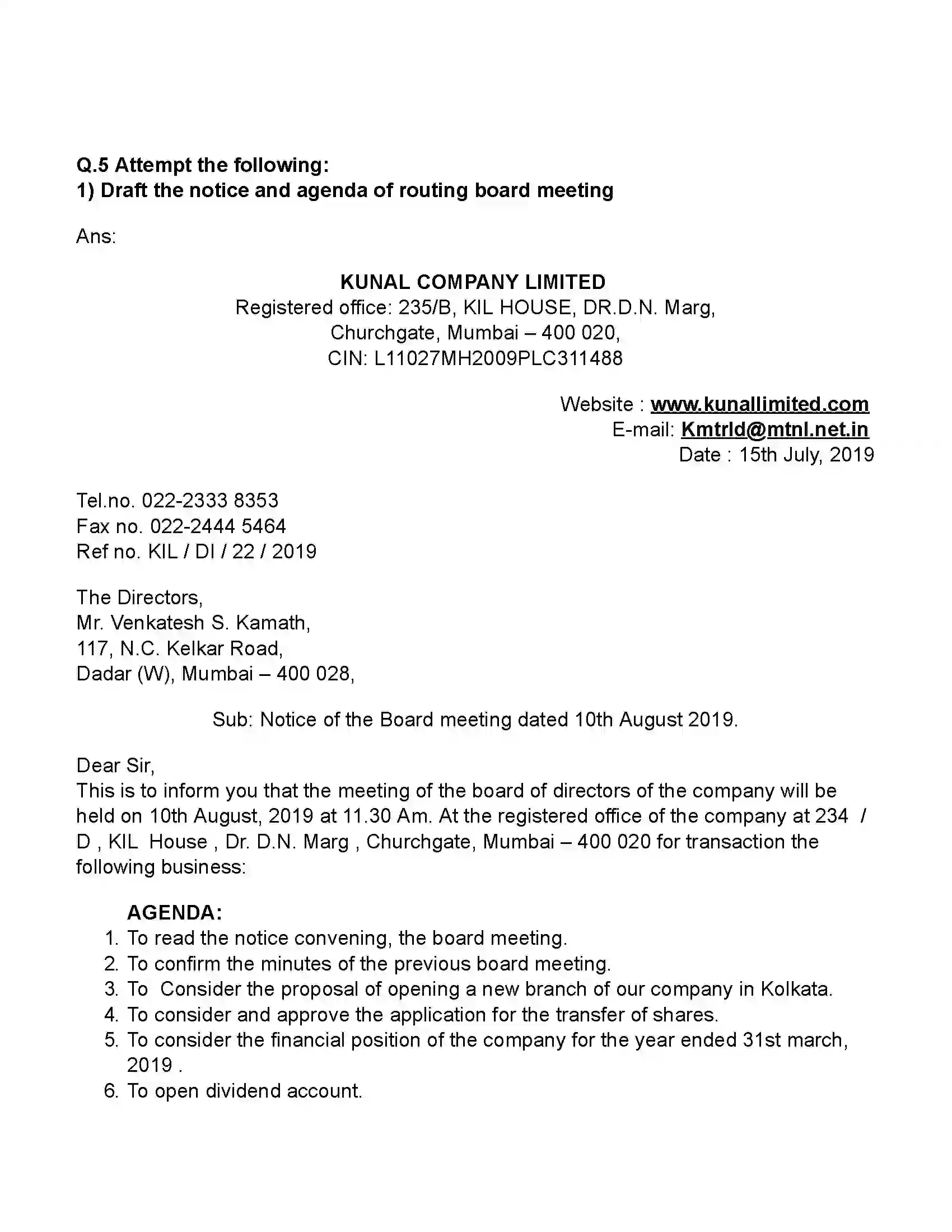 Maharashtra Board Class 11th Secretarial Practice Correspondence With Directors (Letters) Revision Note 1