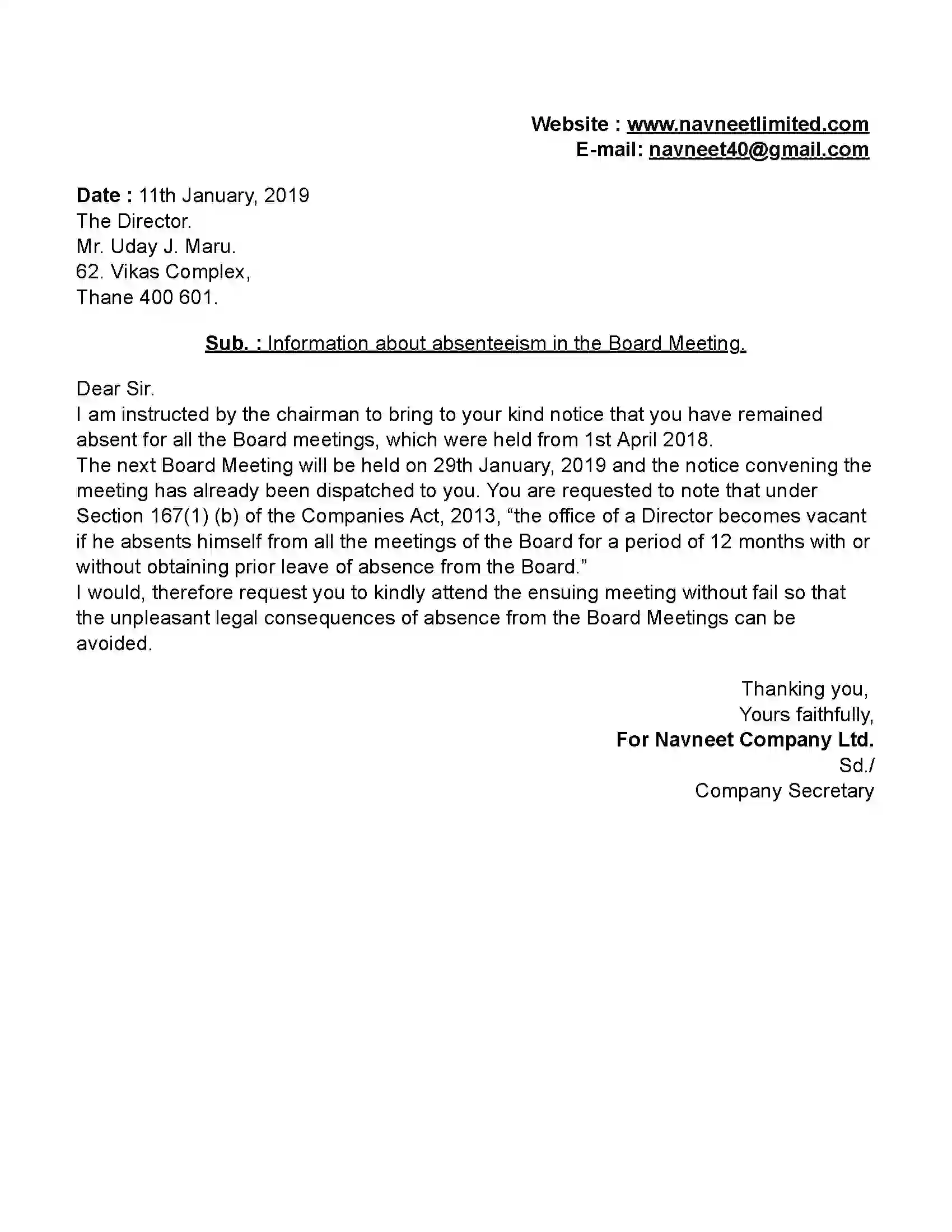 Maharashtra Board Class 11th Secretarial Practice Correspondence With Directors (Letters) Revision Note 5