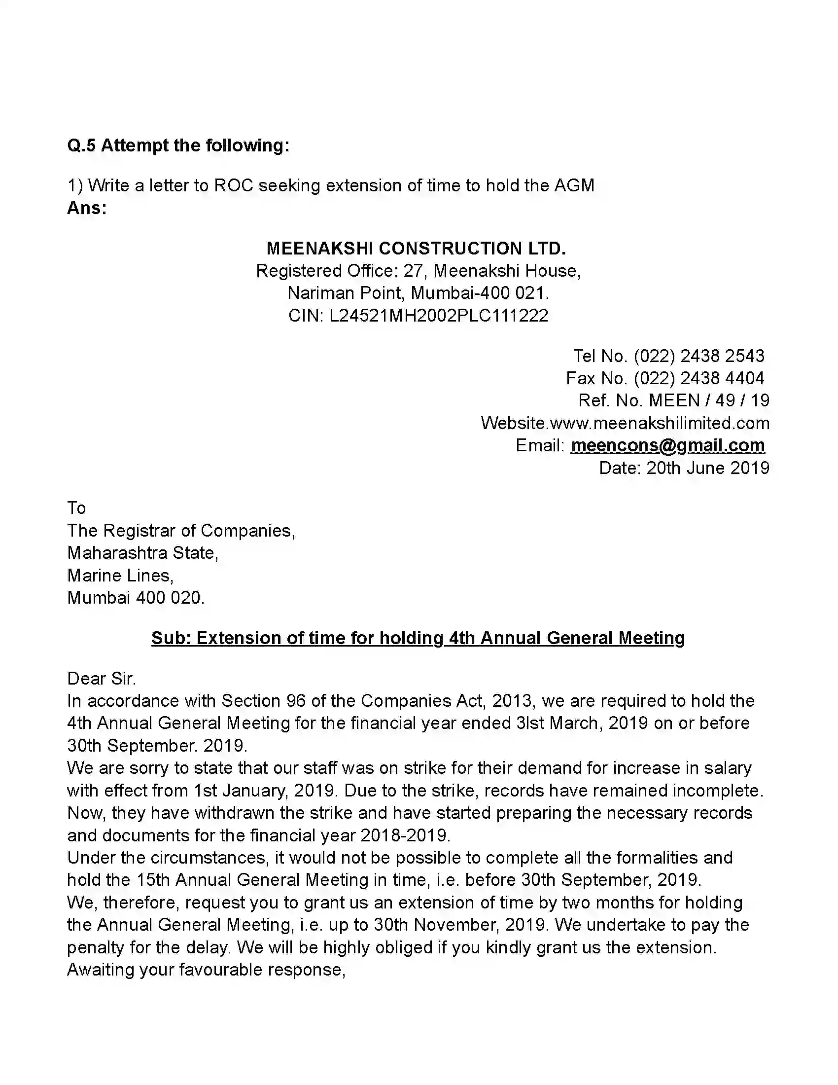 Maharashtra Board Class 11th Secretarial Practice Correspondence With Statutory Authorities (Letters) Revision Note 1