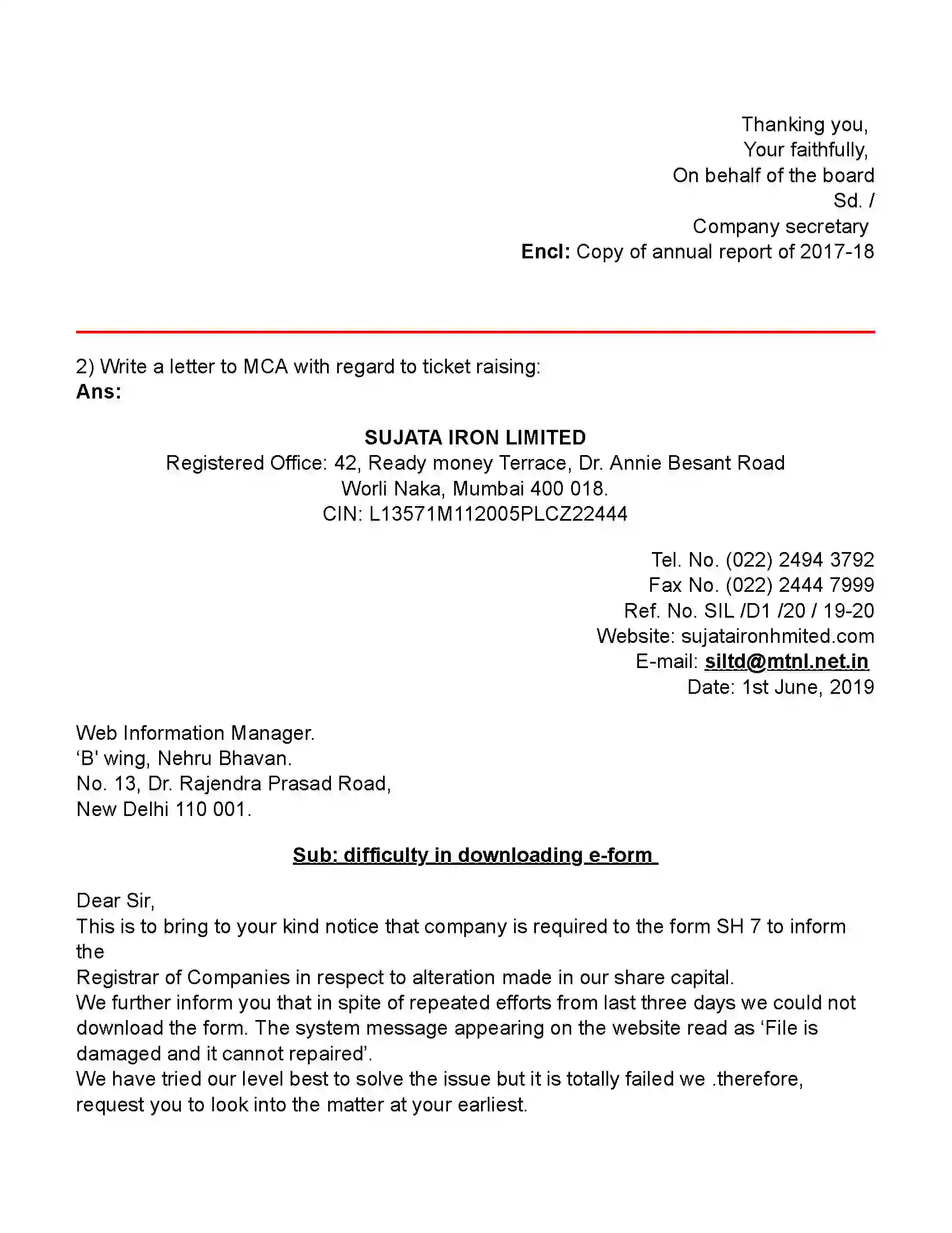 Maharashtra Board Class 11th Secretarial Practice Correspondence With Statutory Authorities (Letters) Revision Note 2