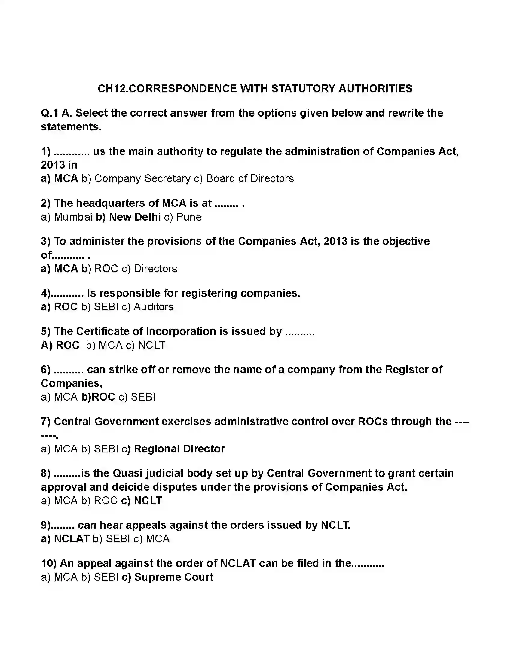 Maharashtra Board Class 11th Secretarial Practice Correspondence With Statutory Authorities Revision Note 1