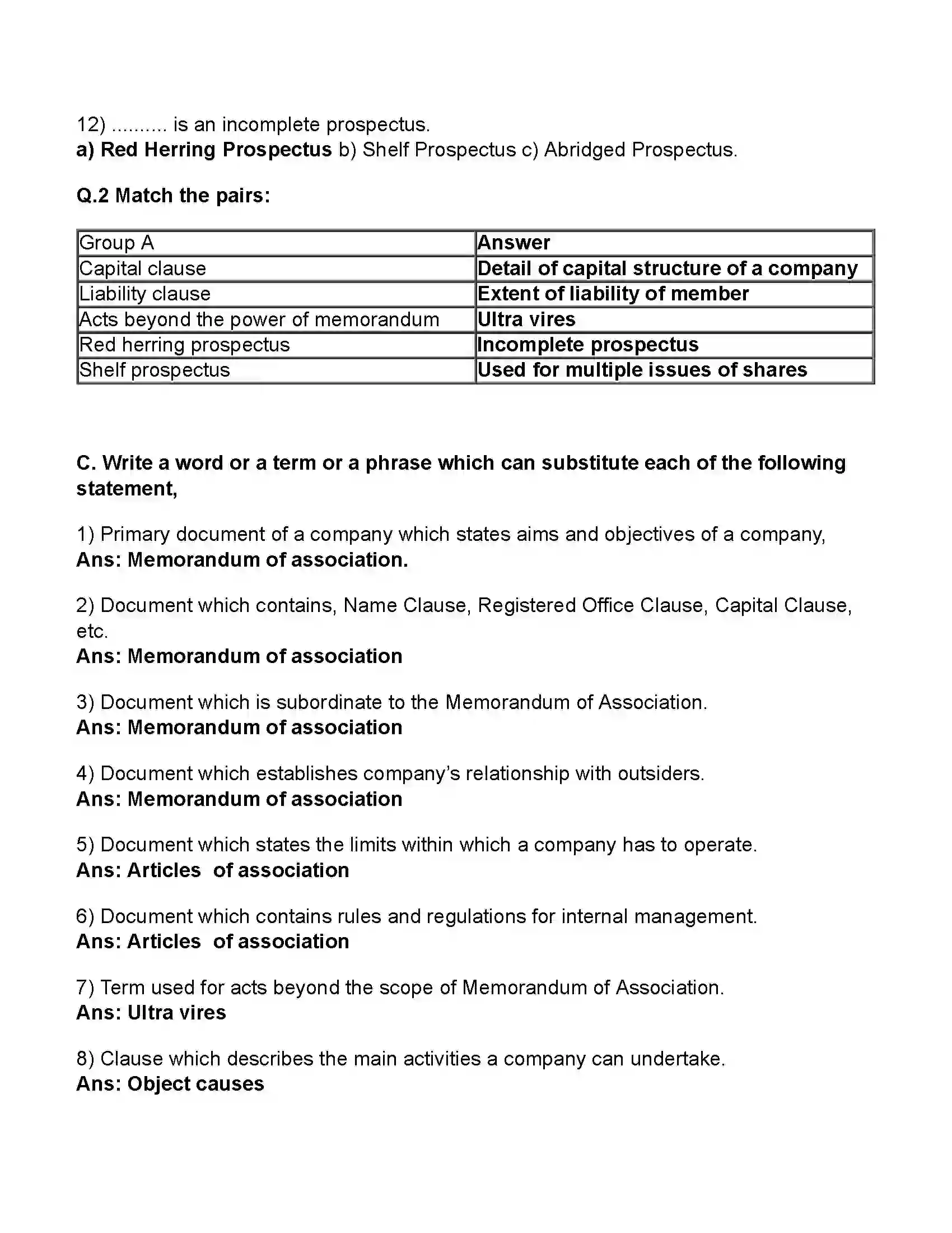 Maharashtra Board Class 11th Secretarial Practice Documents Related to Formation of a Joint Stock Company Revision Note 2