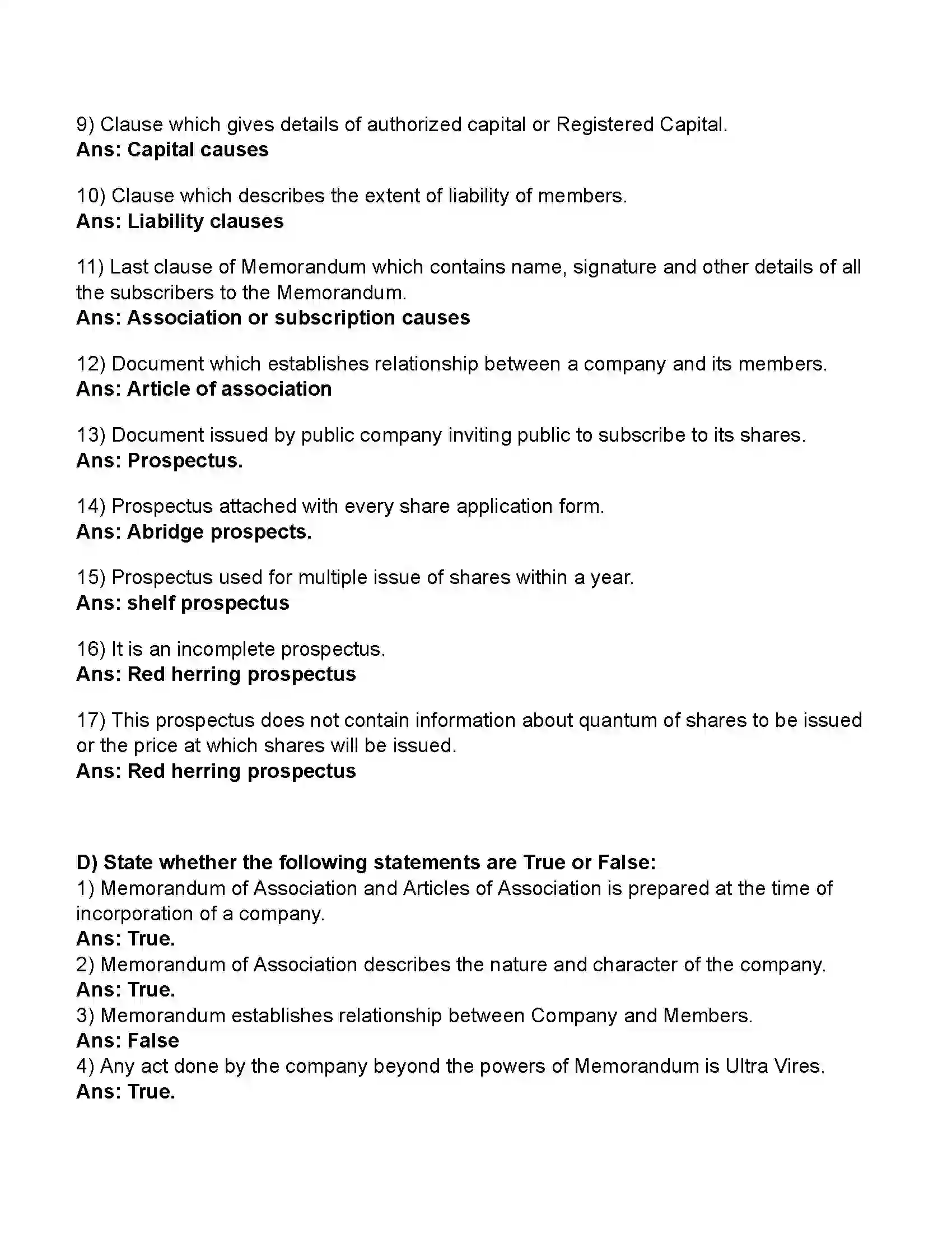 Maharashtra Board Class 11th Secretarial Practice Documents Related to Formation of a Joint Stock Company Revision Note 3