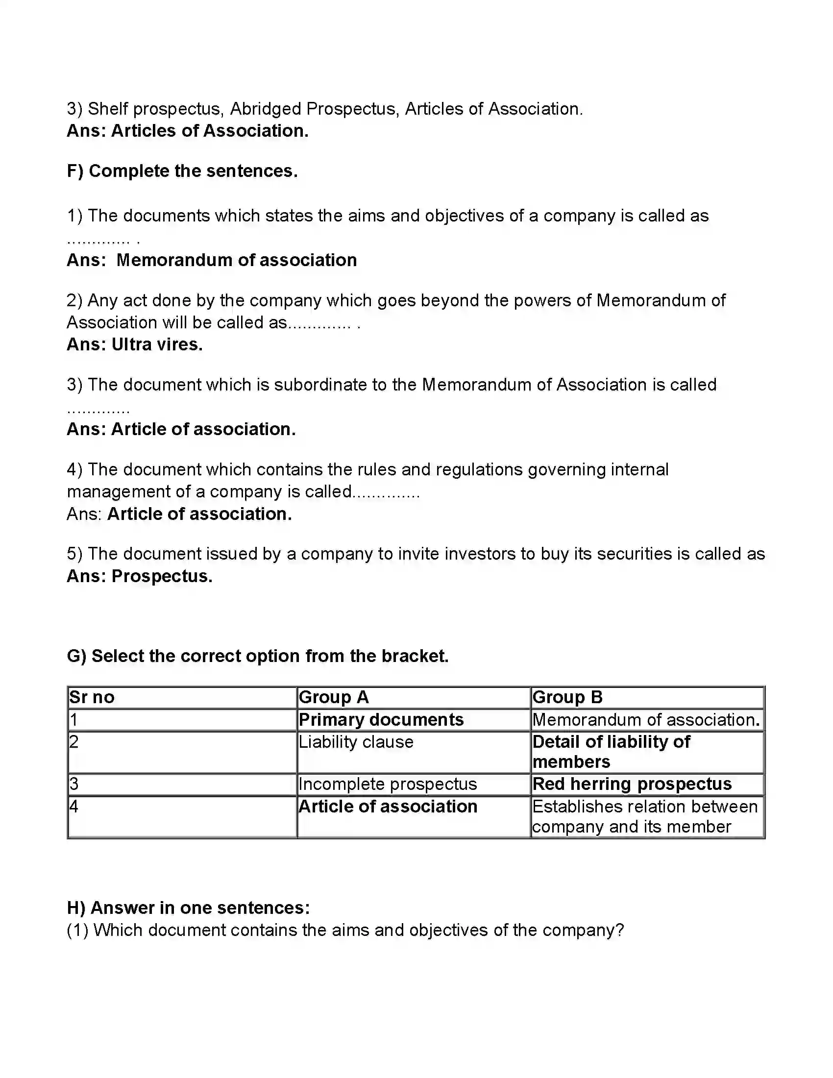 Maharashtra Board Class 11th Secretarial Practice Documents Related to Formation of a Joint Stock Company Revision Note 5
