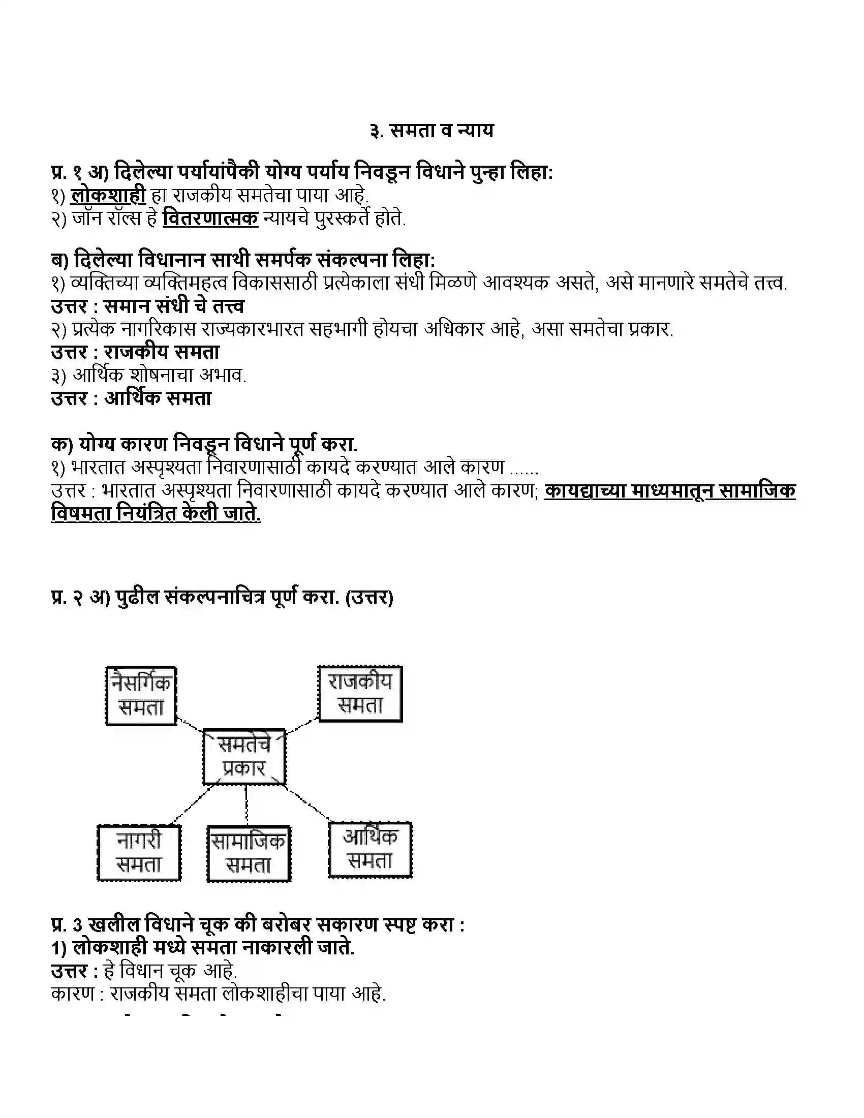 Maharashtra Board Class 11th राज्यशास्त्र समता व न्याय Revision Note 1