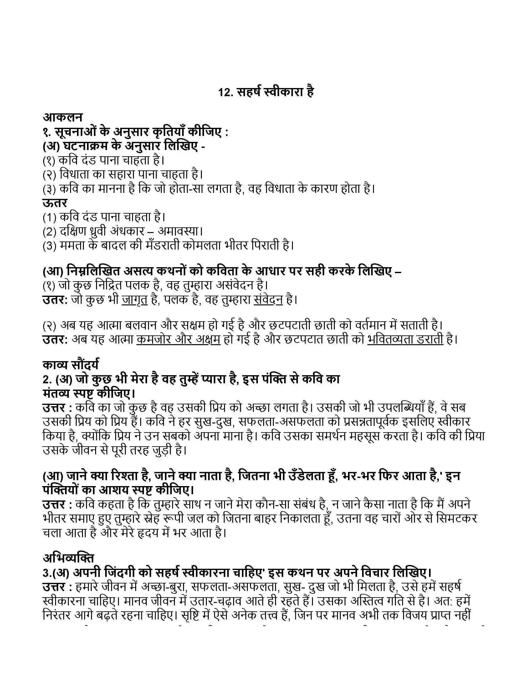 Maharashtra Board Class 11th हिन्दी सहर्ष स्वीकारा है Revision Note 1