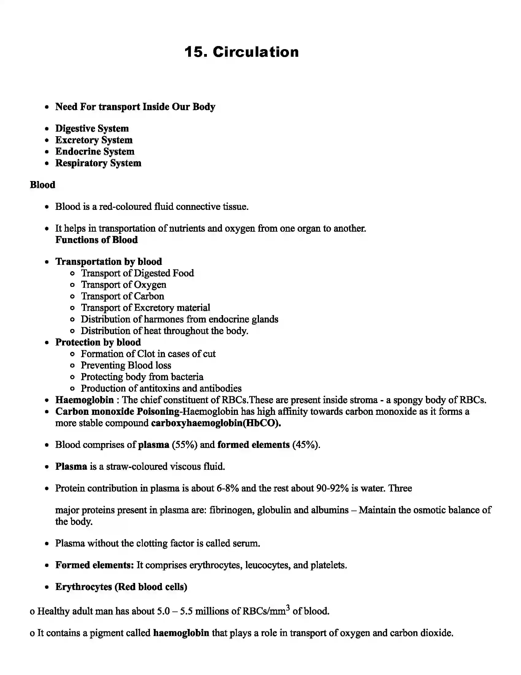 Maharashtra Board Class 12th Biology Circulation Revision Note 1