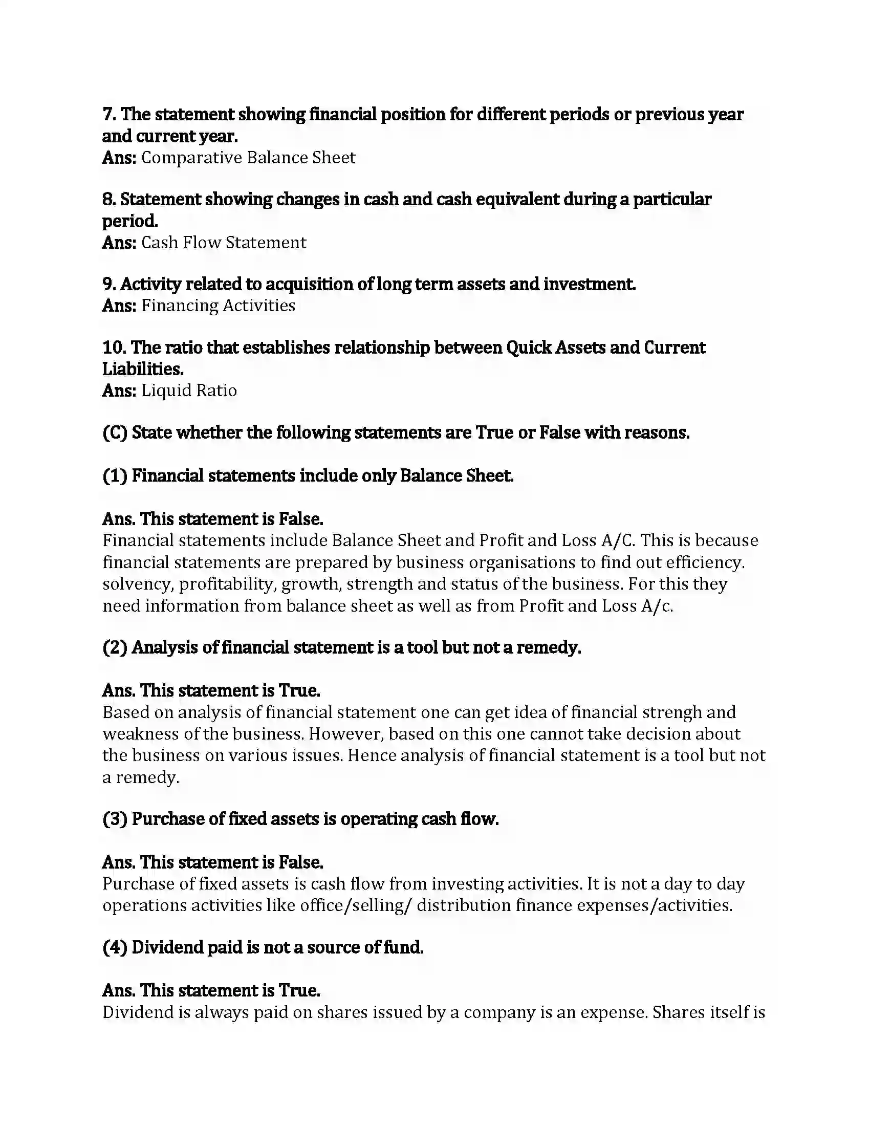 Maharashtra Board Class 12th Book-Keeping & Accountancy Analysis of Financial Statement Revision Note 3