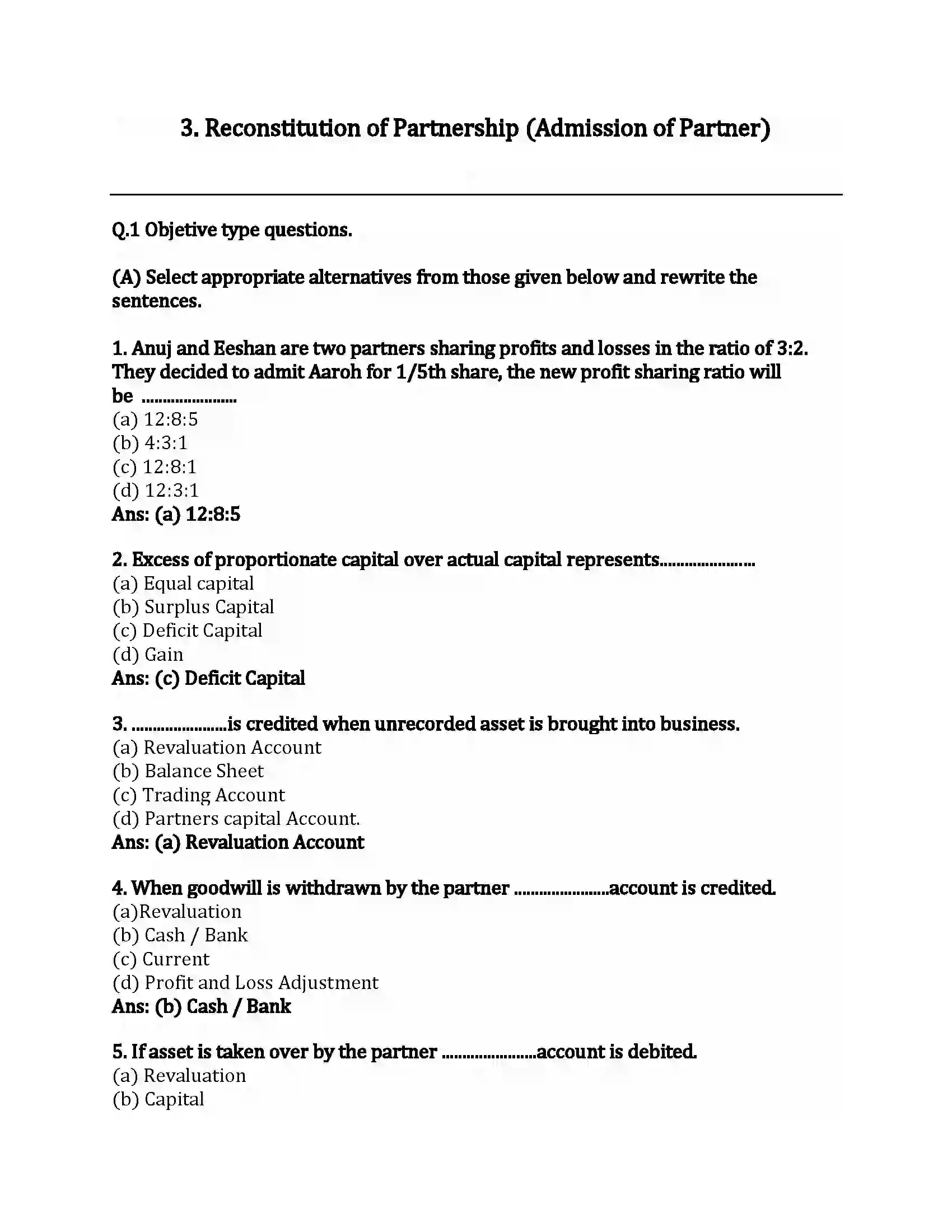 Maharashtra Board Class 12th Book-Keeping & Accountancy Reconstitution of Partnership (Admission of Partner) Revision Note 1