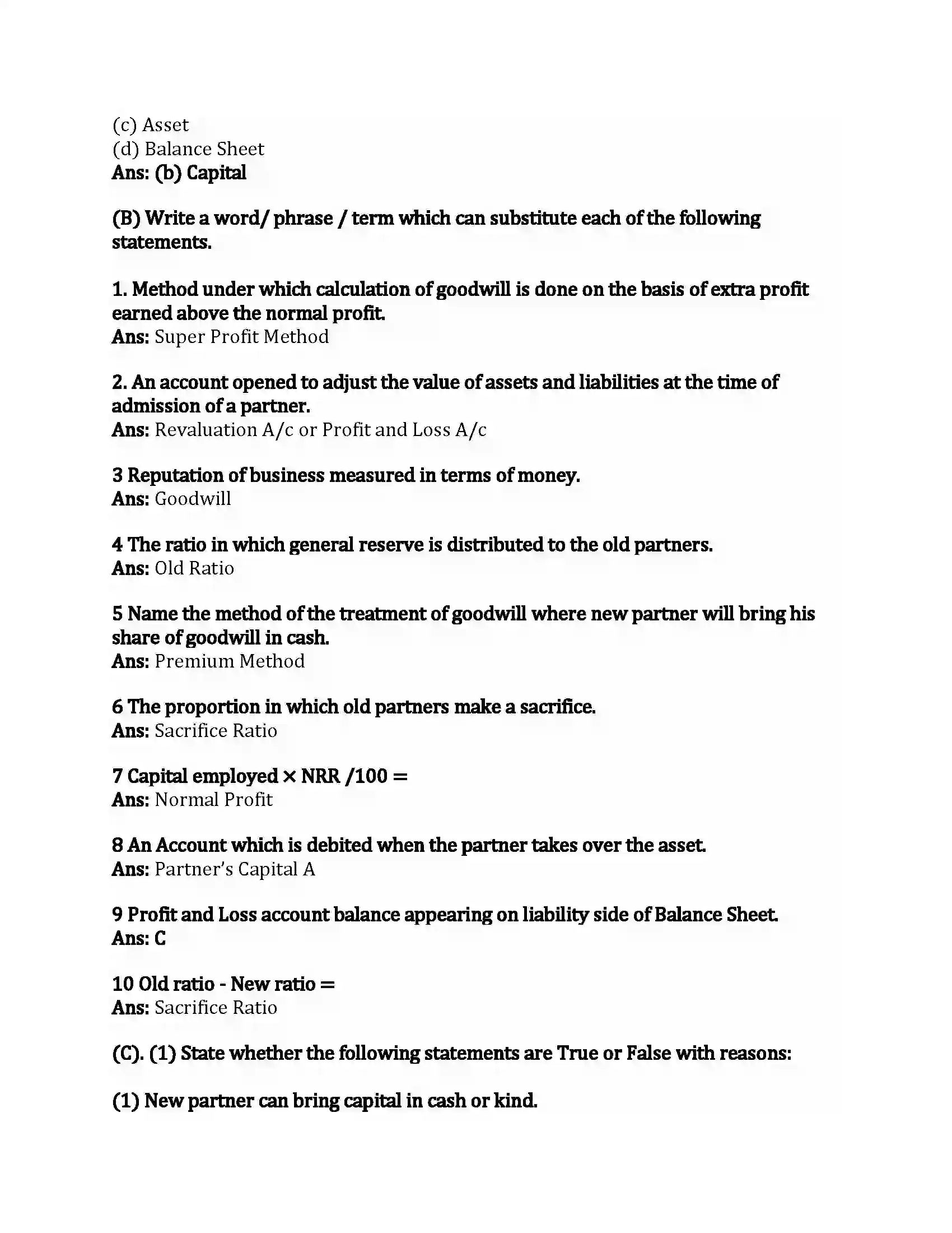 Maharashtra Board Class 12th Book-Keeping & Accountancy Reconstitution of Partnership (Admission of Partner) Revision Note 2