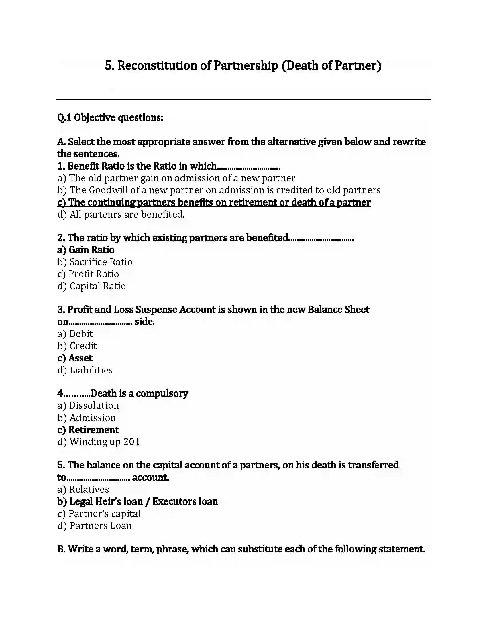 Maharashtra Board Class 12th Book-Keeping & Accountancy Reconstitution of Partnership (Death of Partner) Revision Note 1