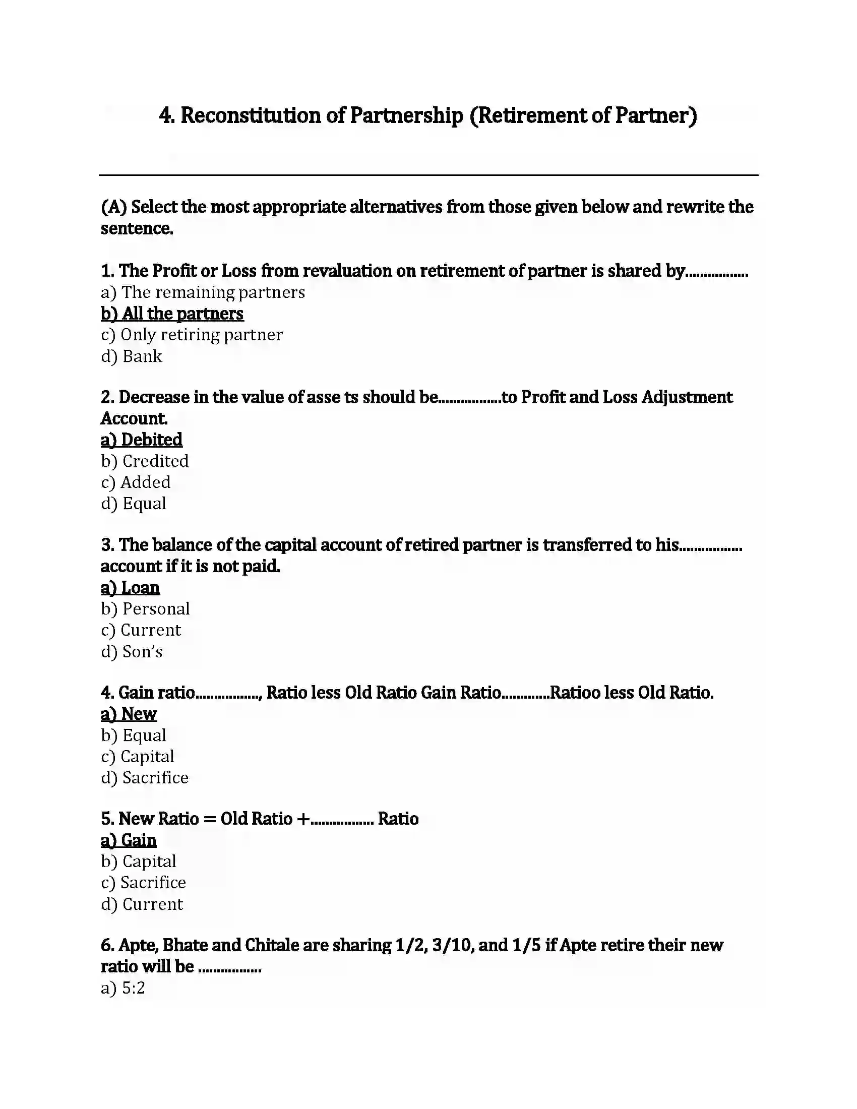 Maharashtra Board Class 12th Book-Keeping & Accountancy Reconstitution of Partnership (Retirement of Partner) Revision Note 1