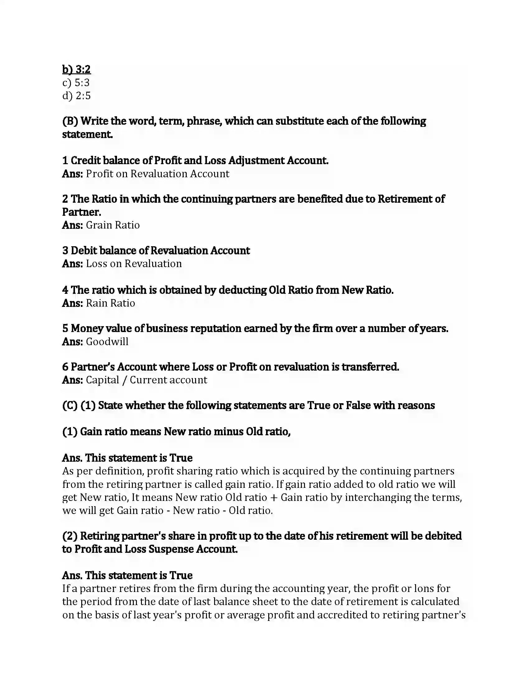 Maharashtra Board Class 12th Book-Keeping & Accountancy Reconstitution of Partnership (Retirement of Partner) Revision Note 2