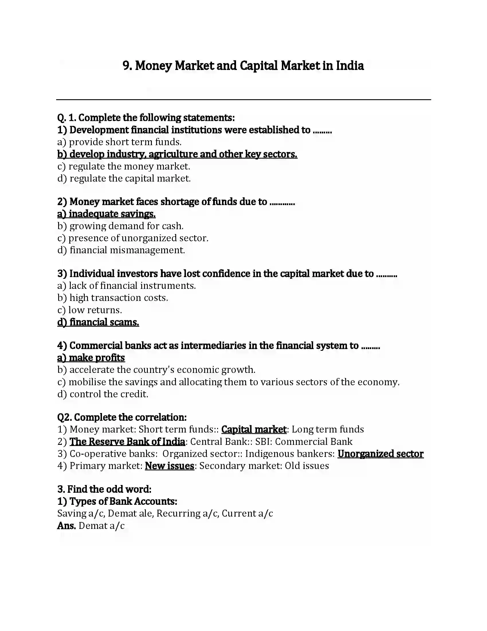 Maharashtra Board Class 12th Economics Money Market and Capital Market in India Revision Note 1