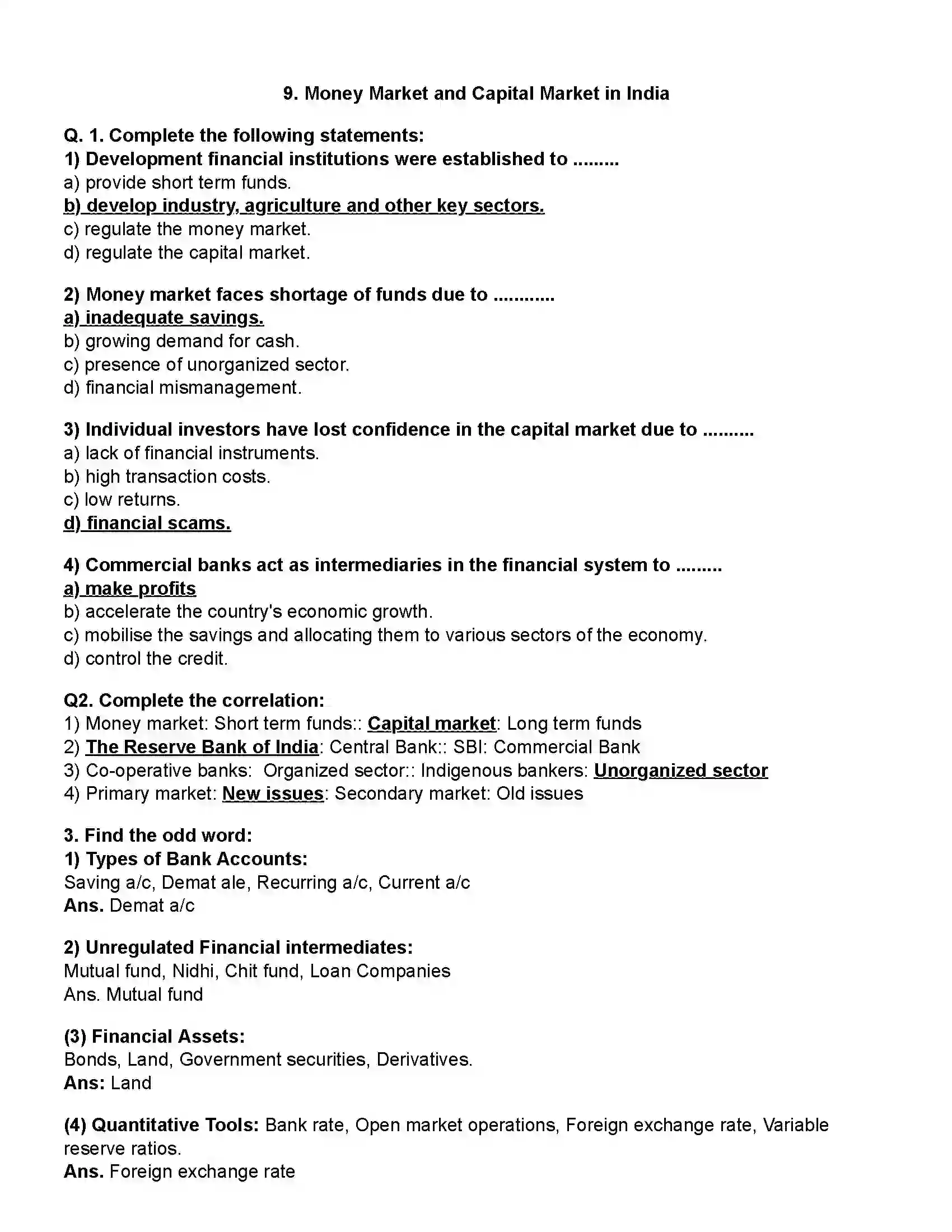 Maharashtra Board Class 12th Economics Money Market & Capital Market in India Revision Note 1