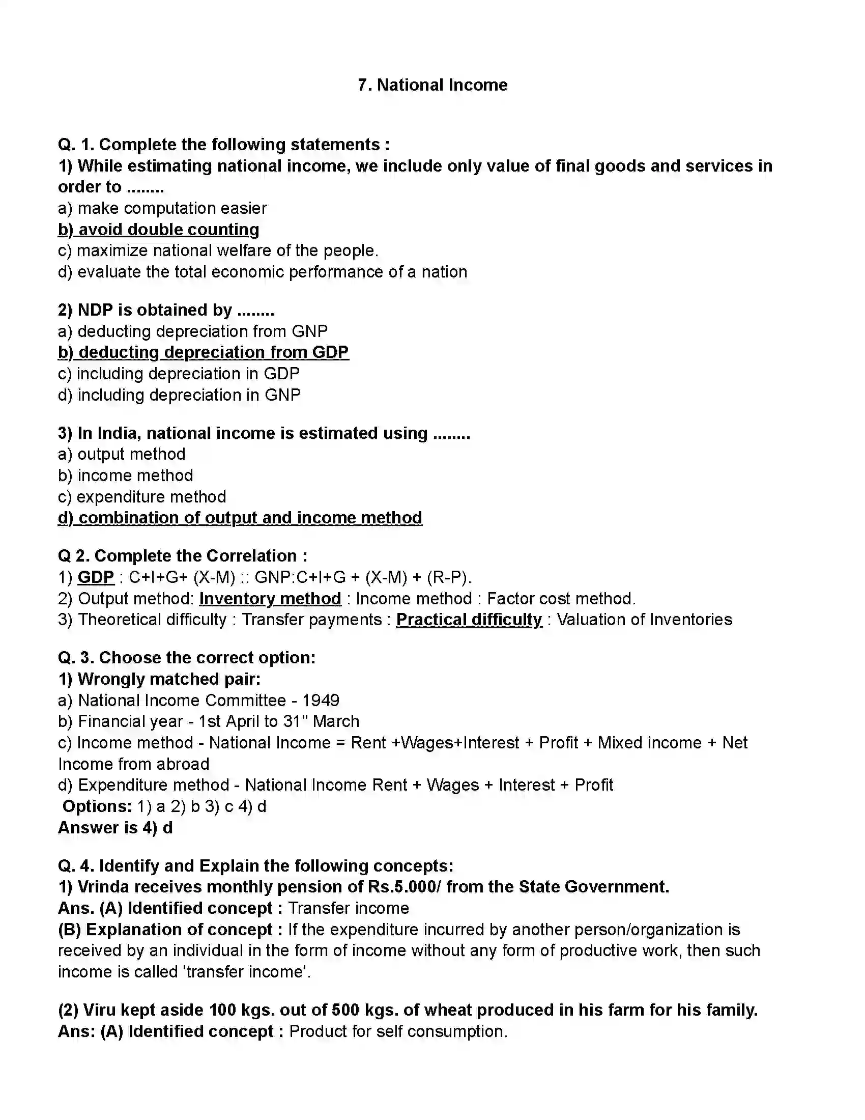 Maharashtra Board Class 12th Economics National Income Revision Note 1