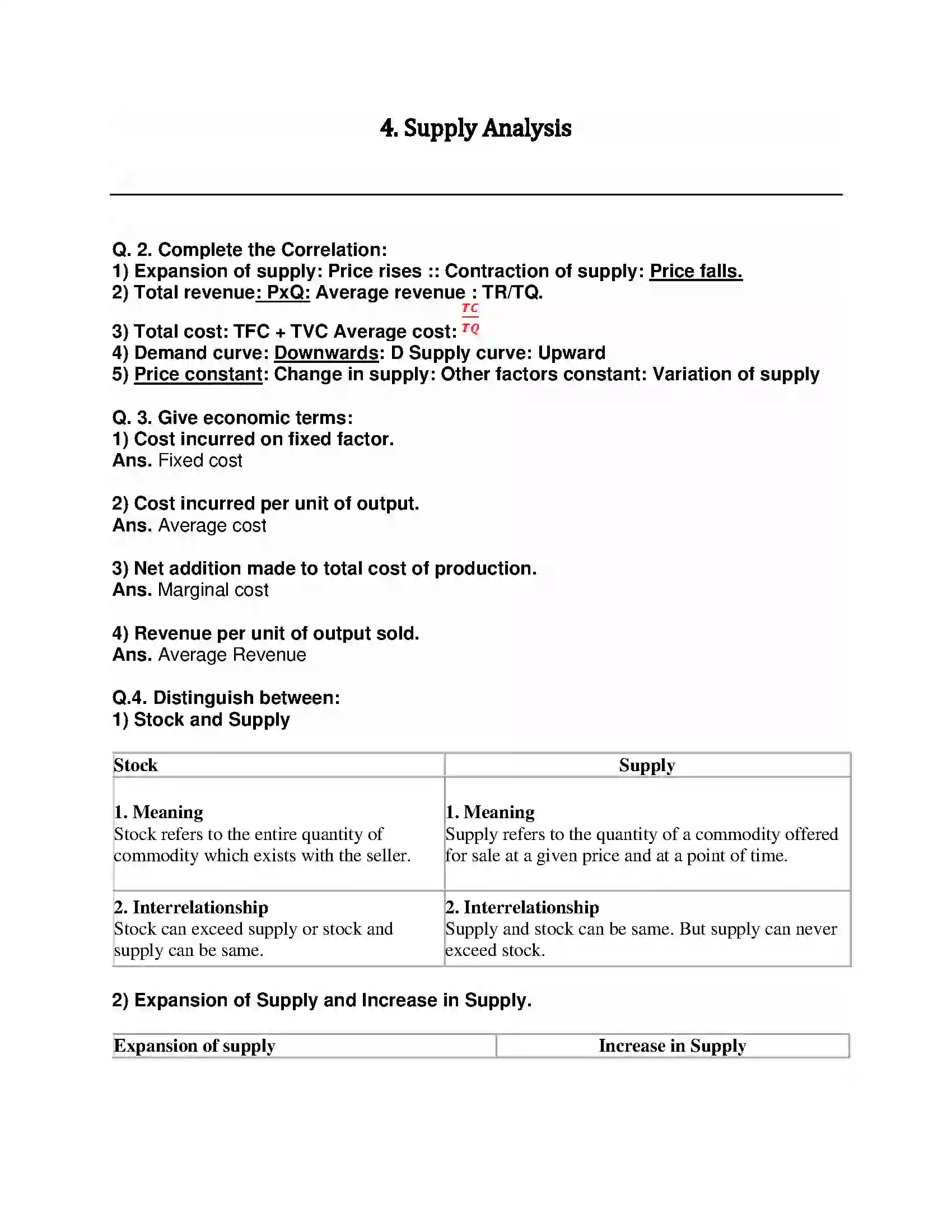 Maharashtra Board Class 12th Economics Supply Analysis Revision Note 1
