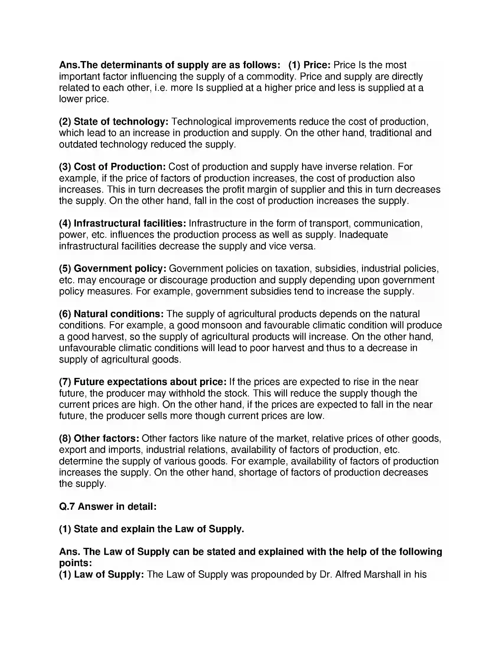 Maharashtra Board Class 12th Economics Supply Analysis Revision Note 5