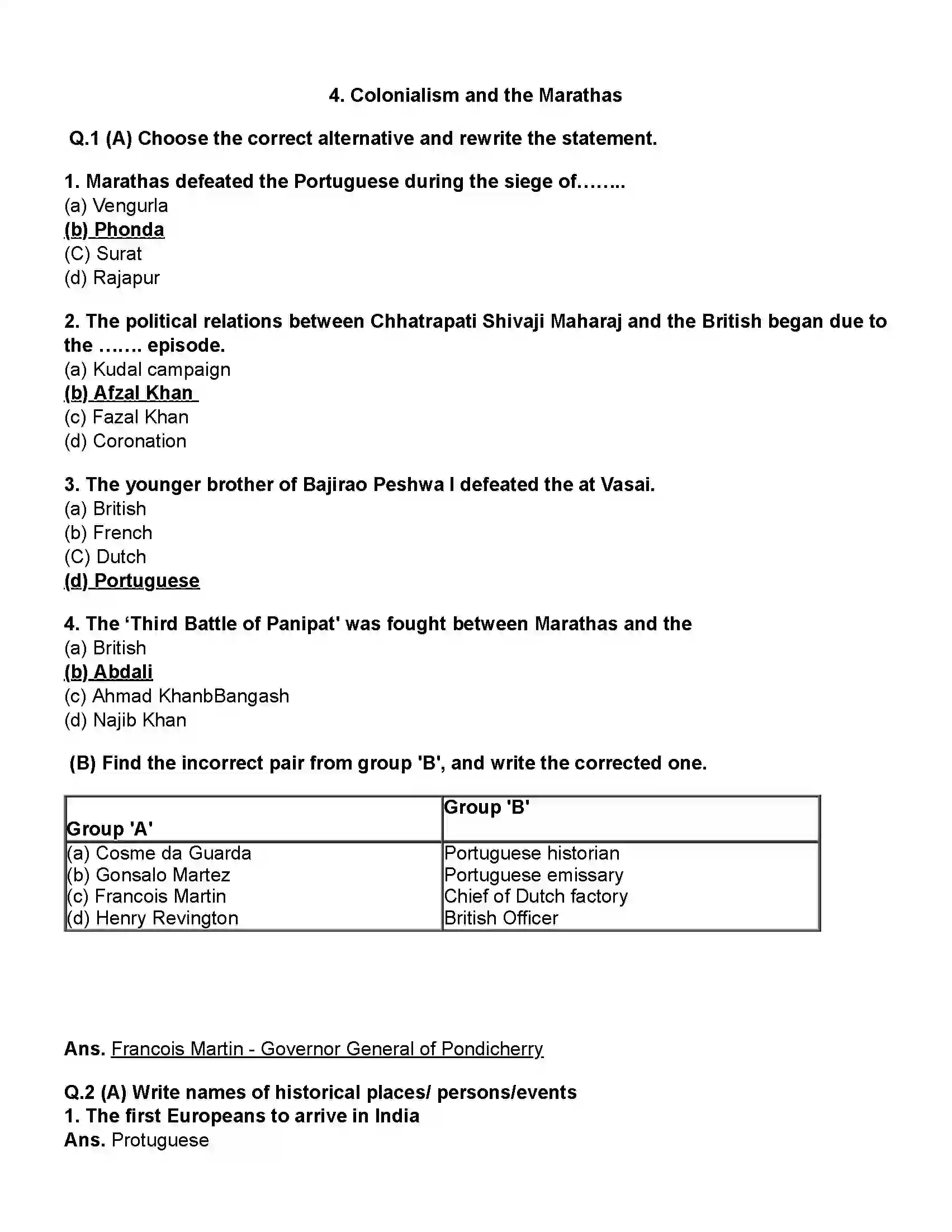 Maharashtra Board Class 12th History Colonialism and the Marathas Revision Note 1