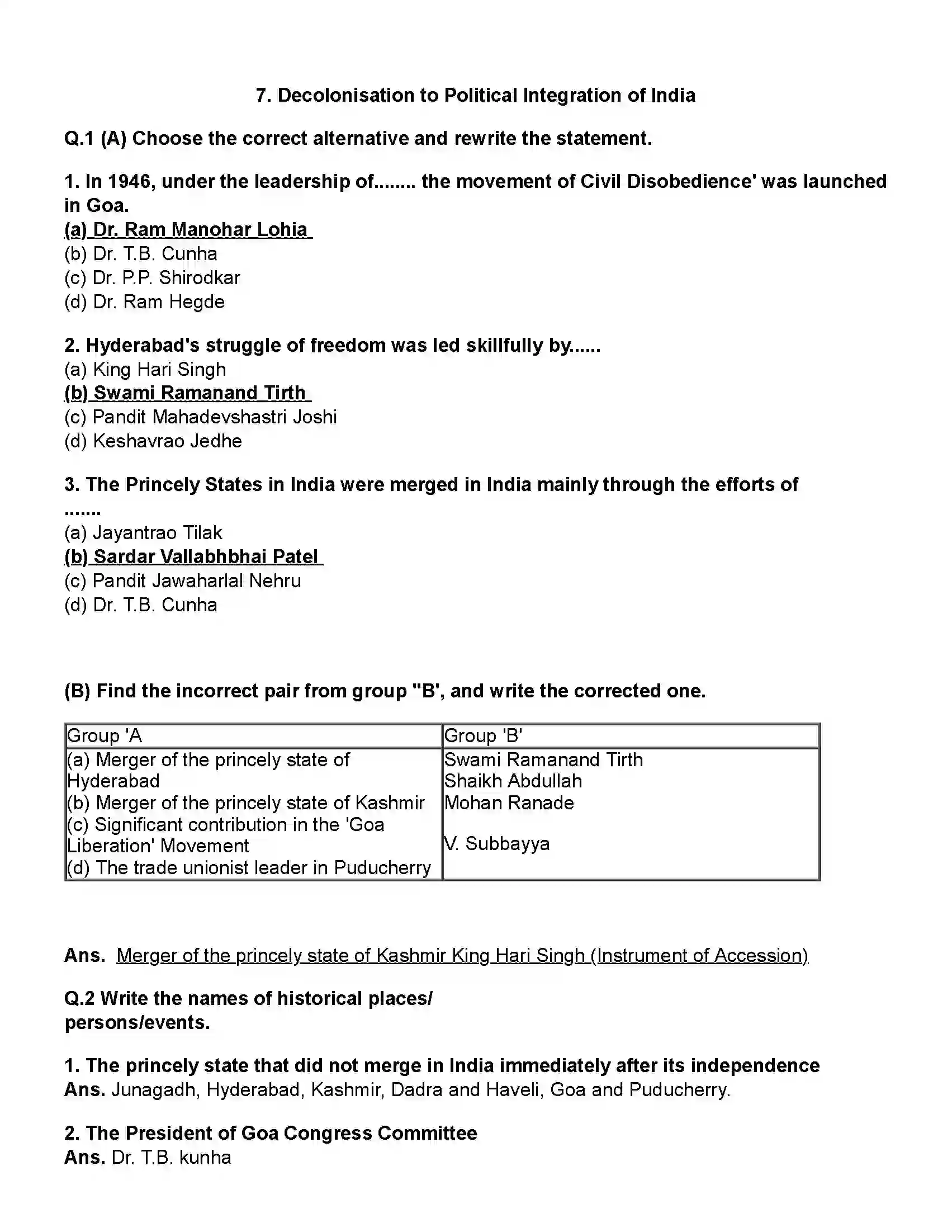 Maharashtra Board Class 12th History Decolonisation to Political Integration of India Revision Note 1