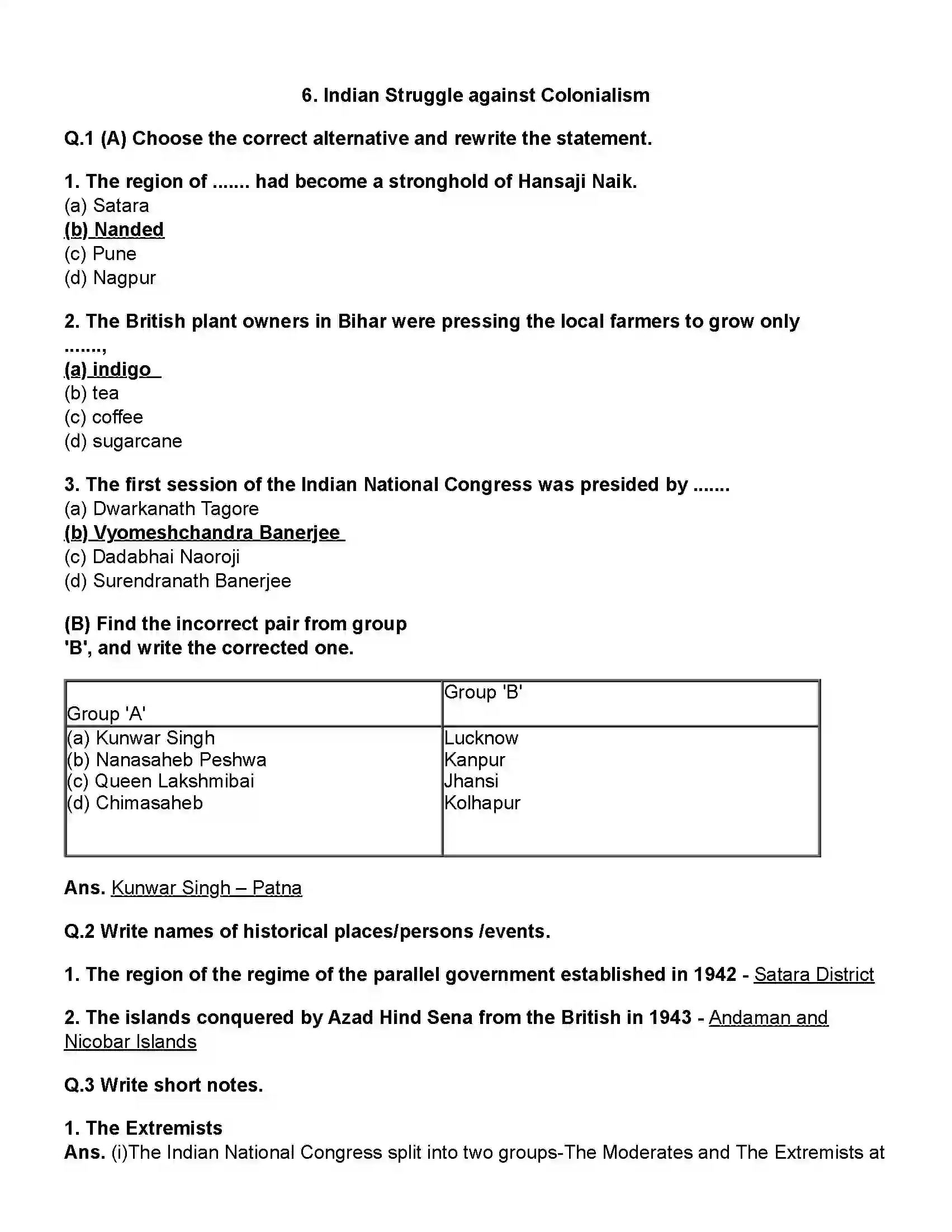 Maharashtra Board Class 12th History Indian Struggle Against Colonialism Revision Note 1