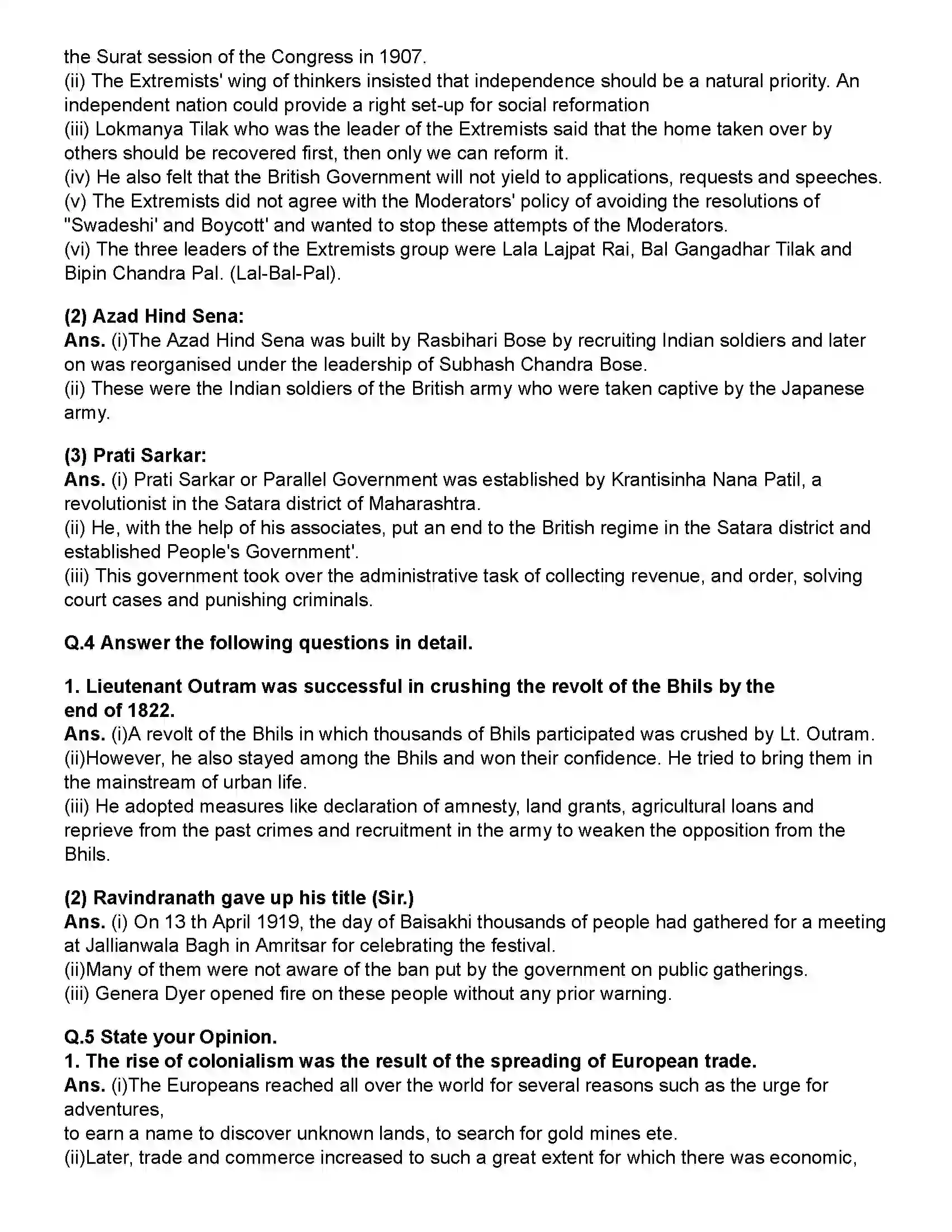 Maharashtra Board Class 12th History Indian Struggle Against Colonialism Revision Note 2