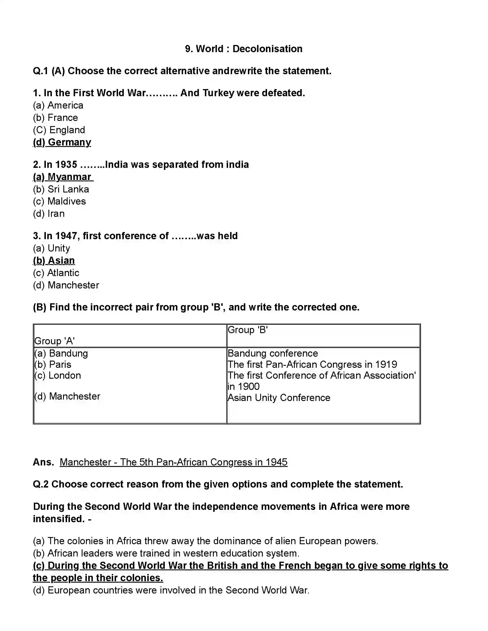 Maharashtra Board Class 12th History World - Decolonisation Revision Note 1