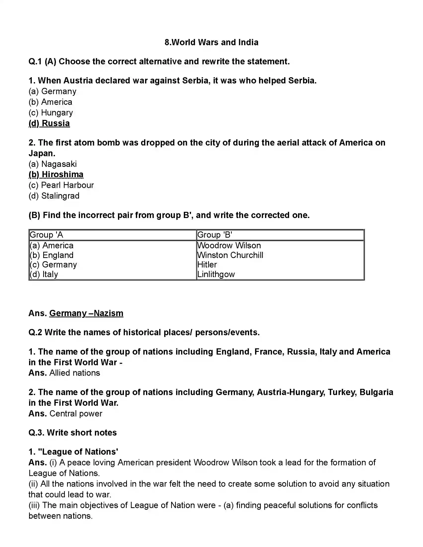 Maharashtra Board Class 12th History World Wars and India Revision Note 1