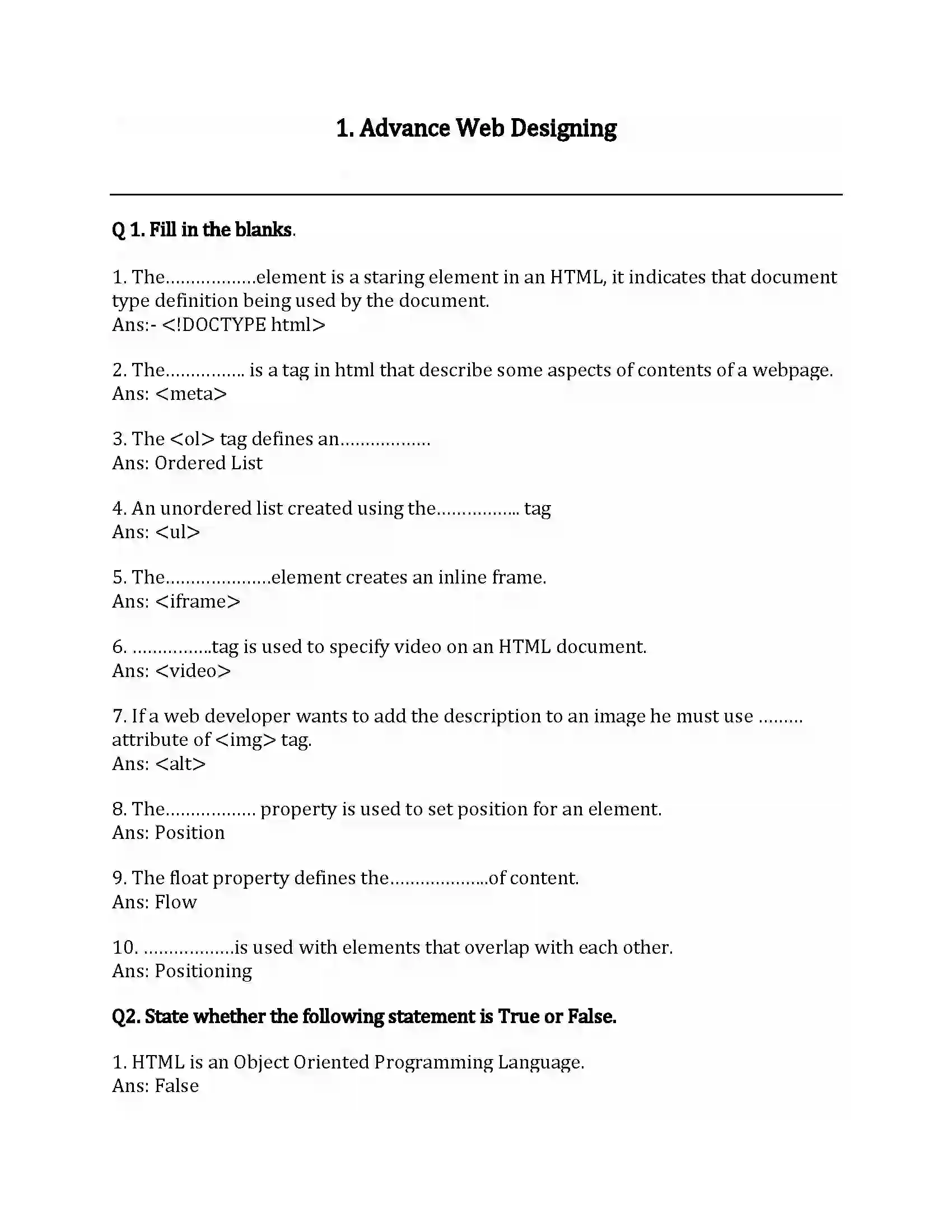 Maharashtra Board Class 12th Infromation Technology Advance Web Designing Revision Note 1