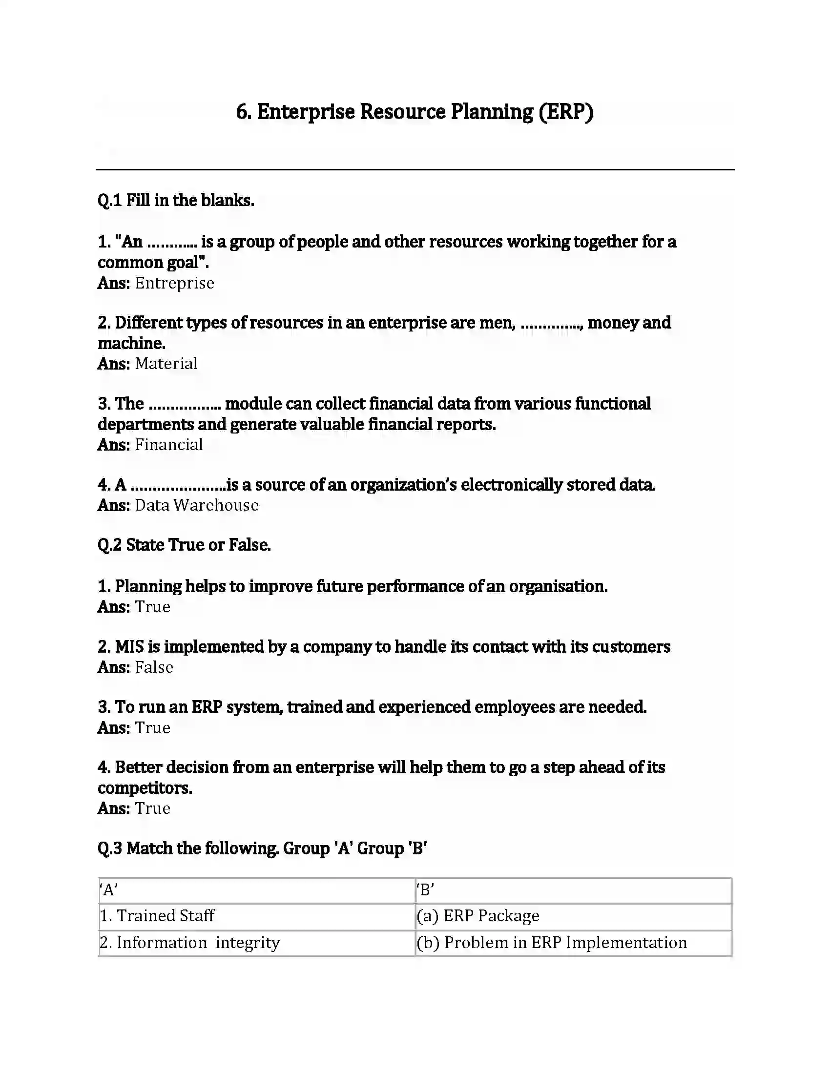 Maharashtra Board Class 12th Infromation Technology Enterprise Resource Planning (ERP) Revision Note 1
